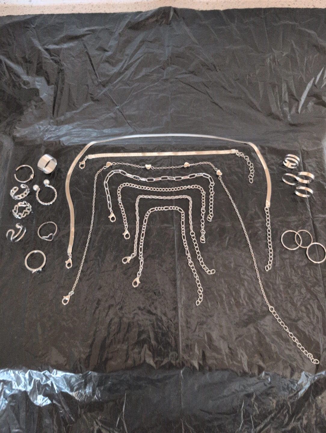 Silver Tone Choker Necklaces and Rings Set