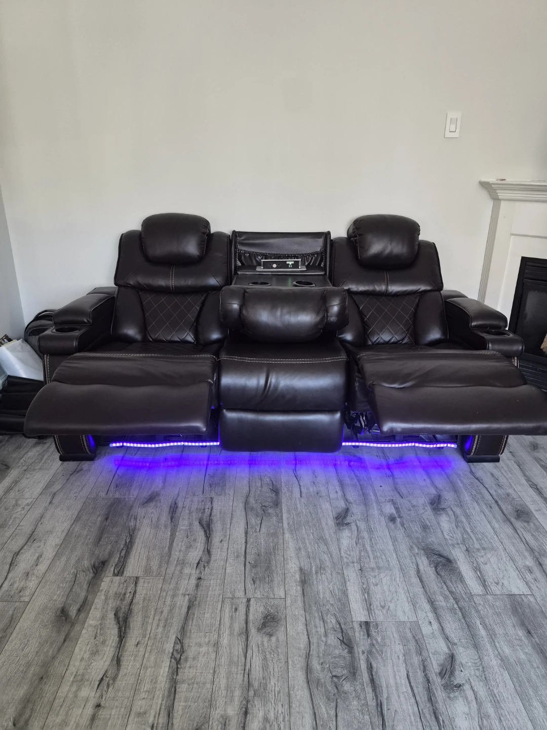 Dark Brown Leather Recliner Sofa with LED Lighting