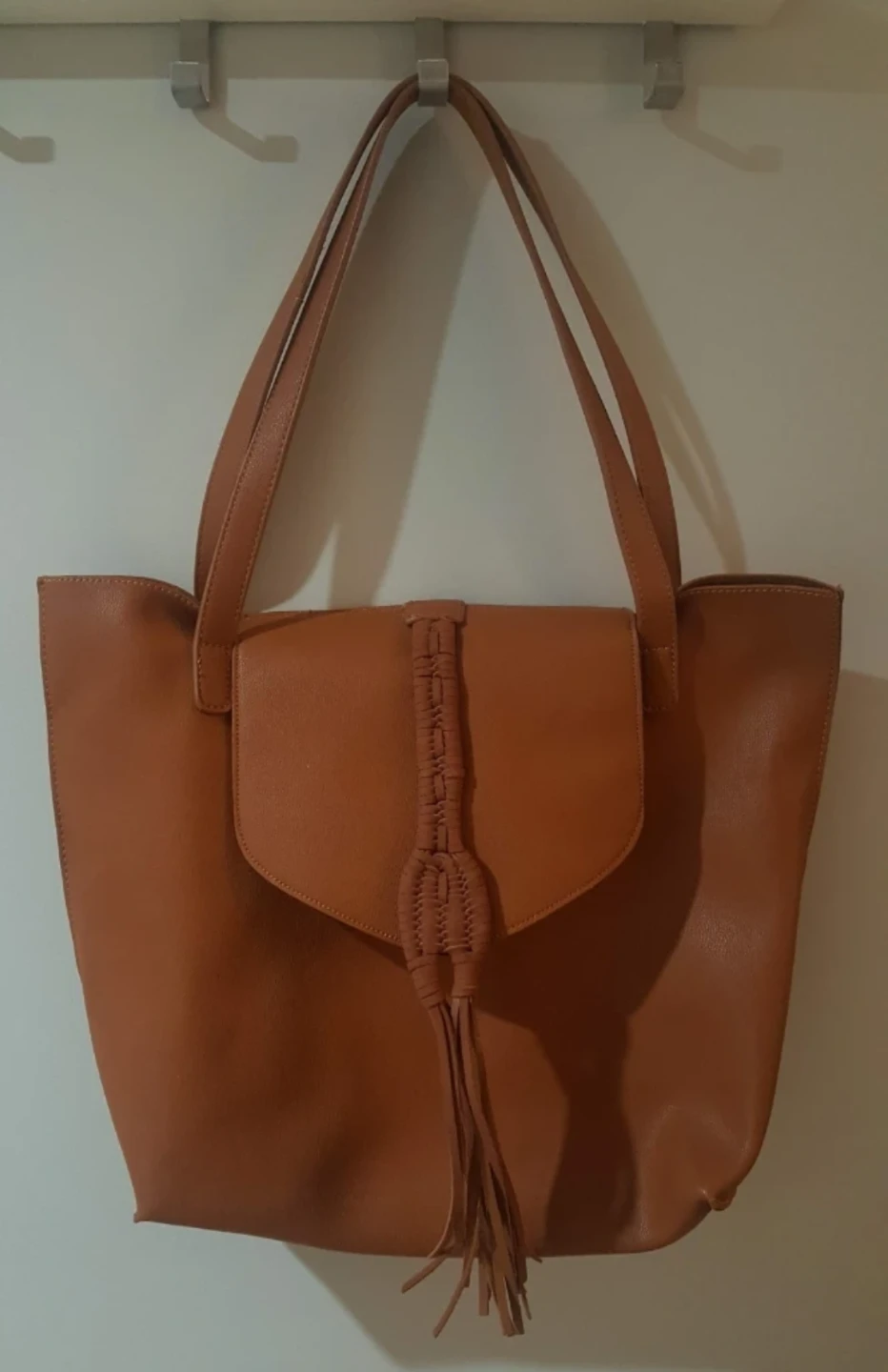 Brown Faux Leather Tote Bag with Tassel