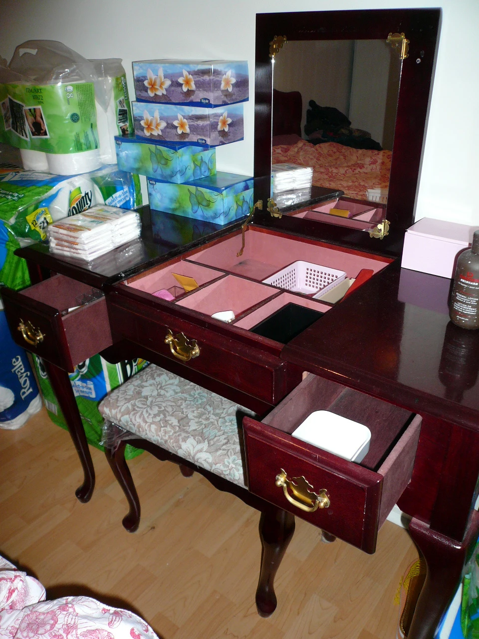 Wooden Vanity Dressing Table with Mirror and Stool