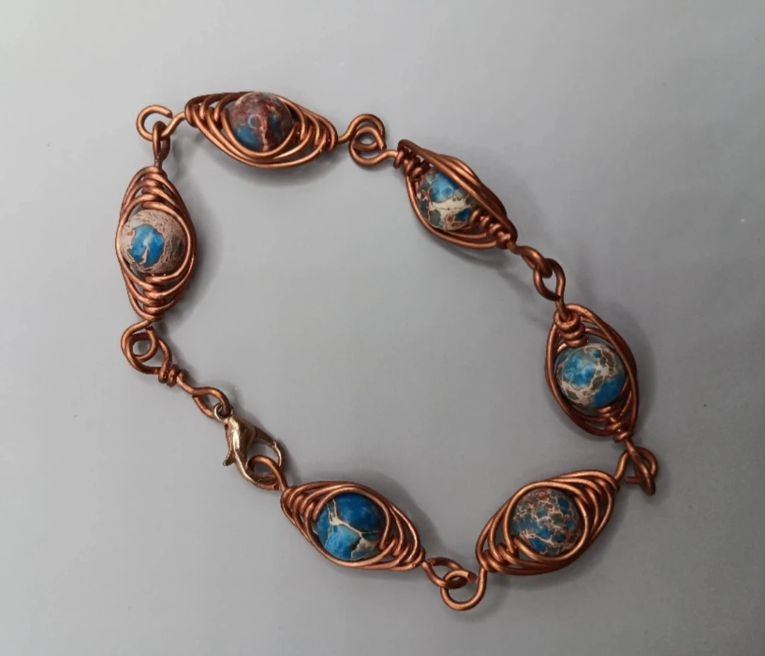 Copper Wire Wrapped blue sea sediment gemstone Bracelet - photo 2