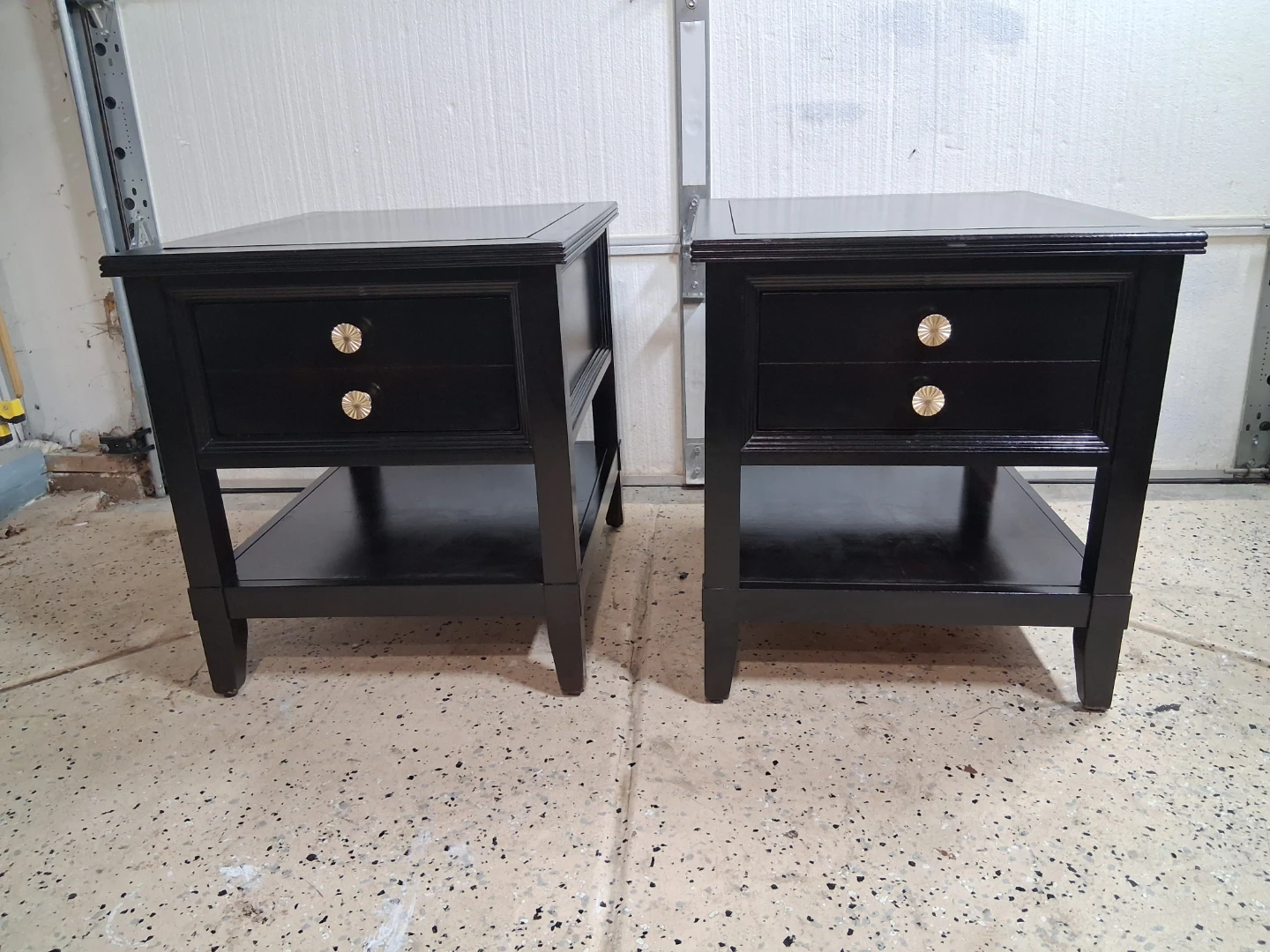 Pair of Black Nightstands with Gold Knobs
