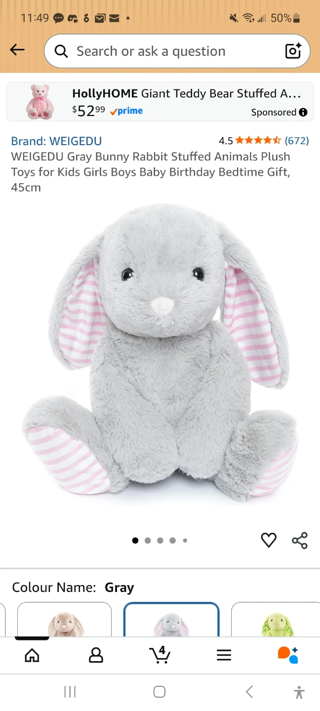 Gray Bunny Rabbit Stuffed Animal Plush Toy - 45cm
