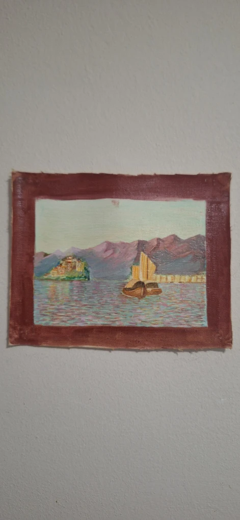 Vintage Oil Painting of Sailboat and Village