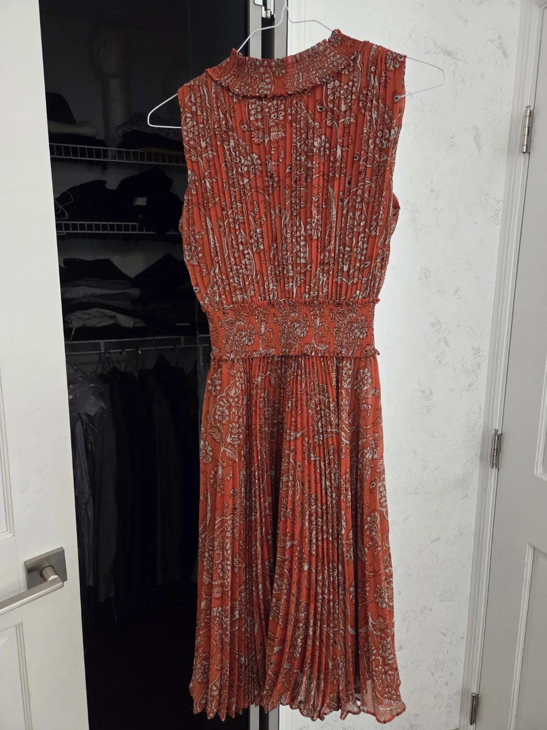 Orange Paisley Print Pleated Midi Dress