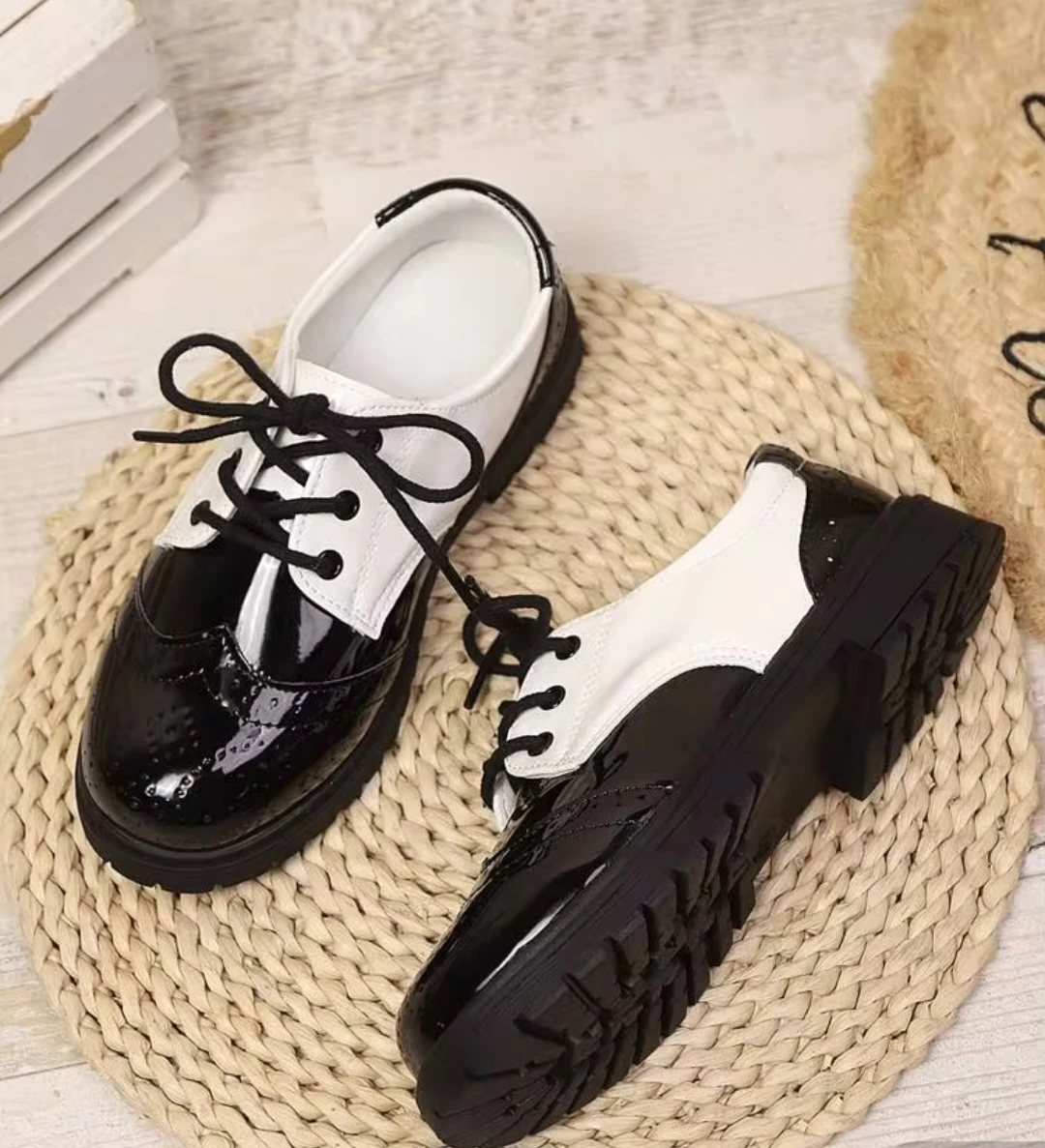NEW, size 12 Kids-Black and White Patent Leather Shoes
