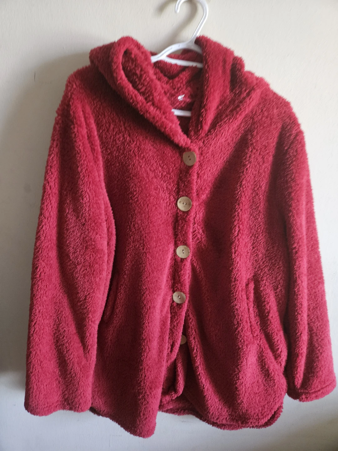 Red Fleece Button-Up Hooded Jacket
