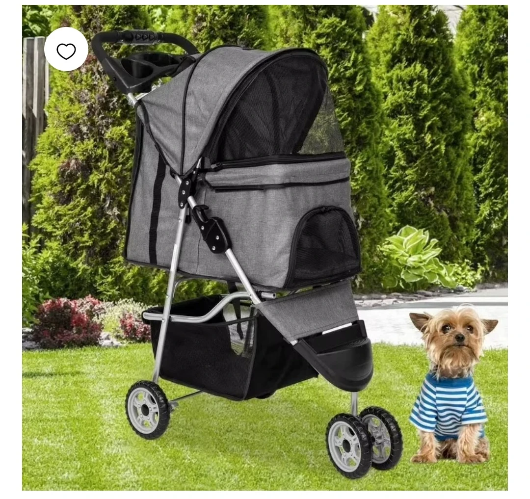 Grey Pet Stroller with Cup Holder and Storage Basket