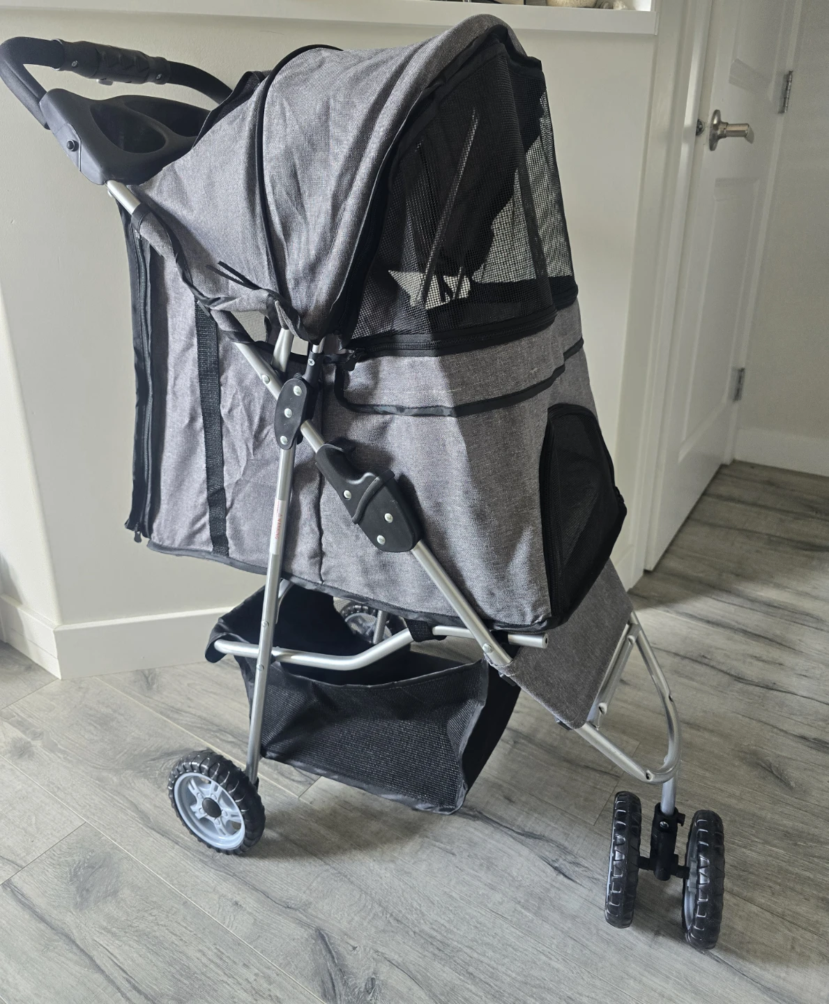 Grey Pet Stroller with Cup Holder and Storage Basket - photo 3