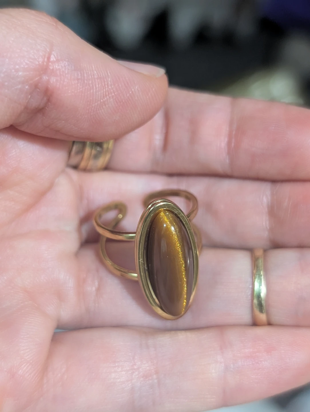 Adjustable Gold Tone Rings with Oval Inlays tiger eye and opal - photo 2