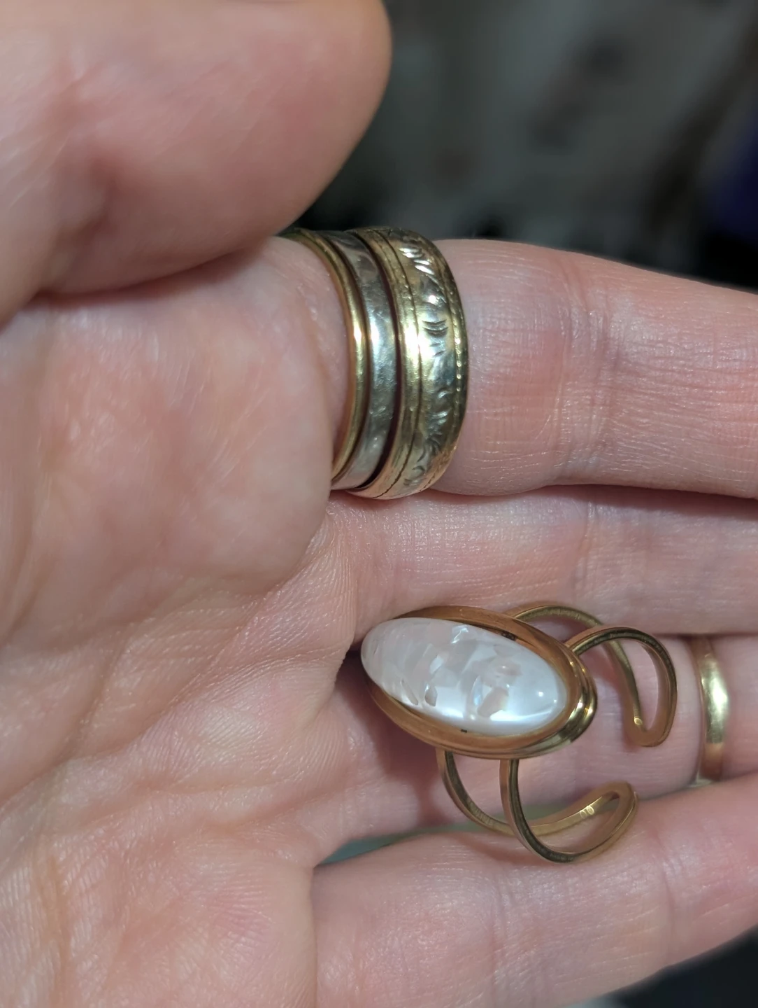 Adjustable Gold Tone Rings with Oval Inlays tiger eye and opal - photo 4