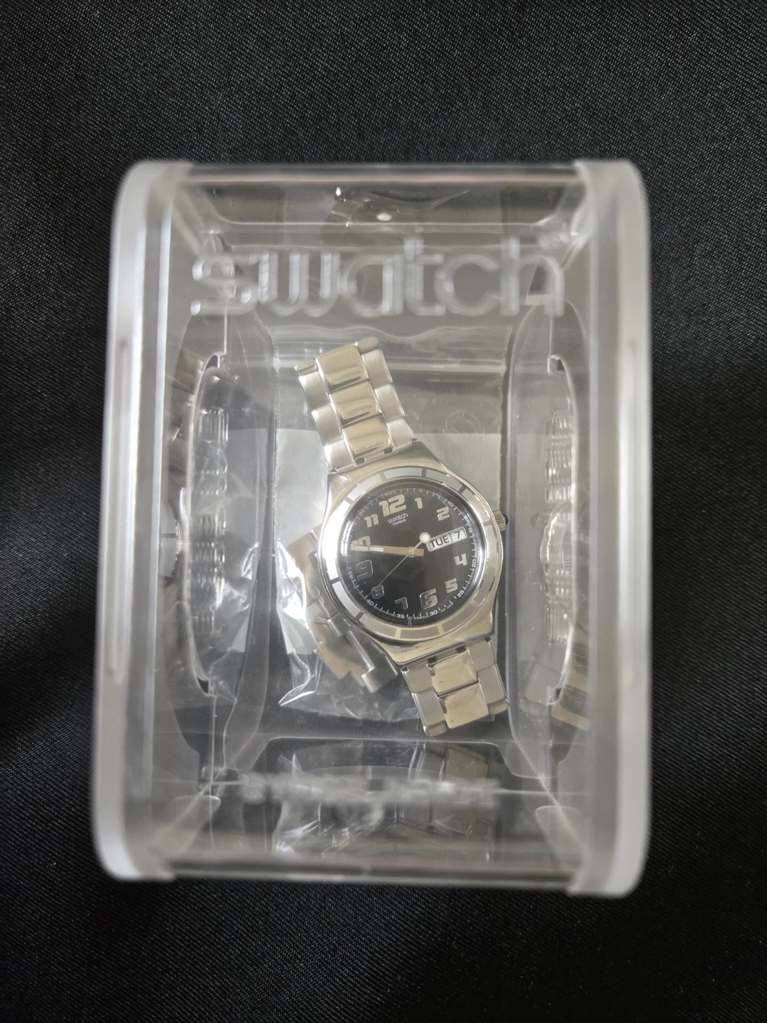 Swatch Watch - Silver Tone Metal Band, Black Dial