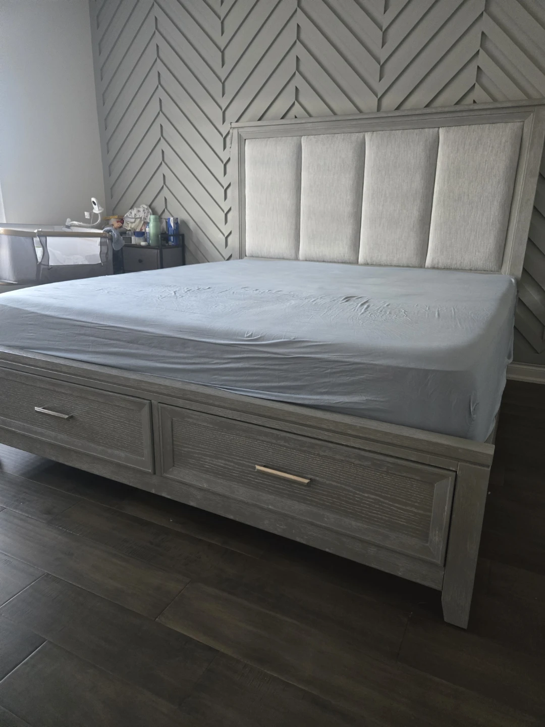 Grey Upholstered king size Bed with mattress
