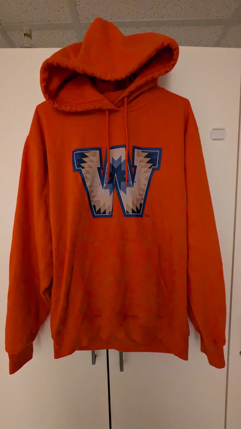 Orange hoodie with graphic 'W'