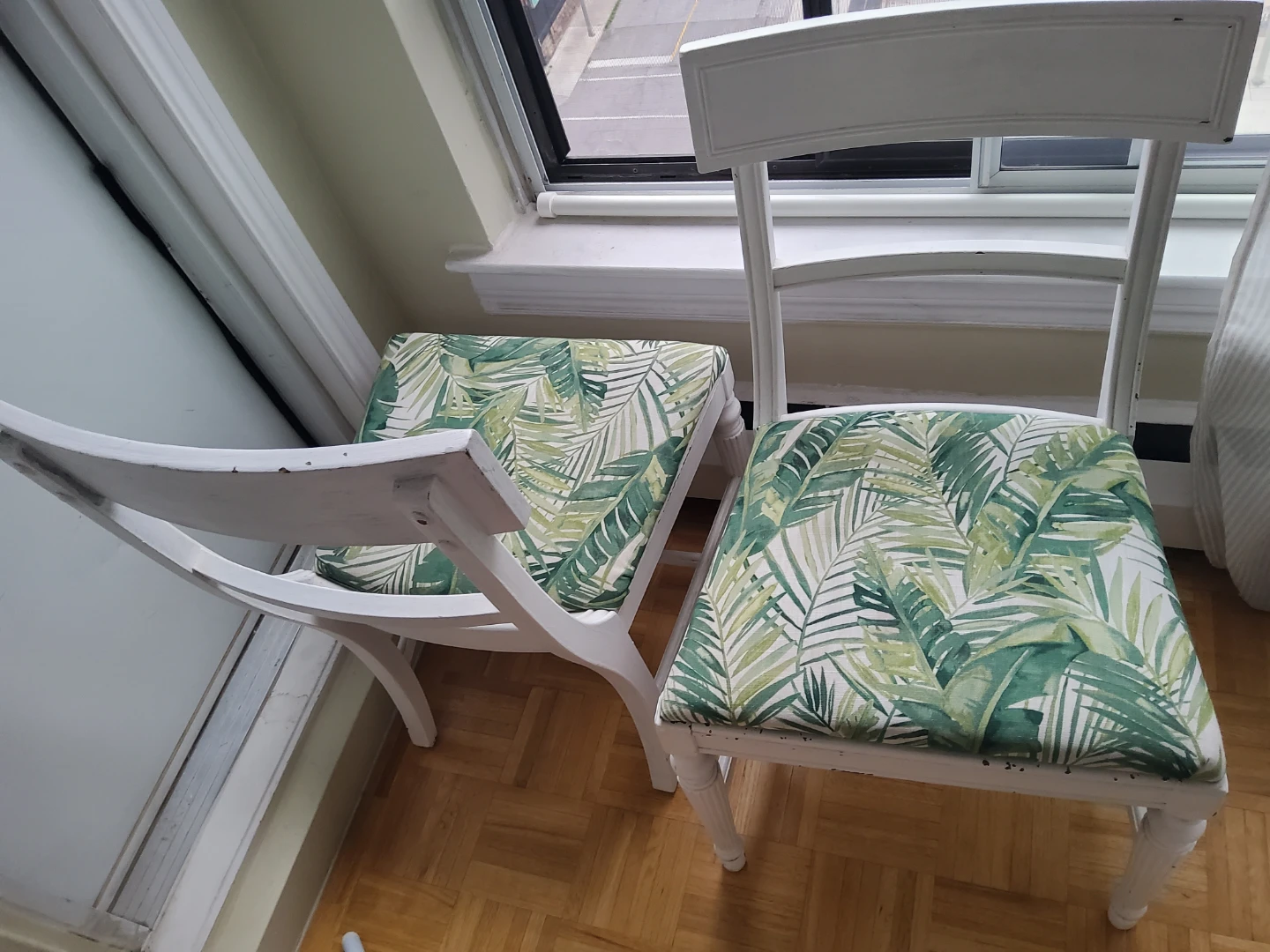 Set of 2 White  Chairs with Tropical Leaf Pattern - $ 25
