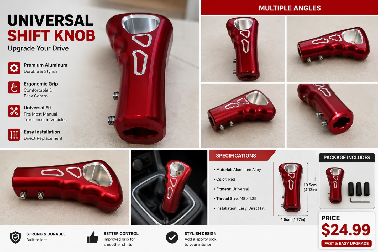 Universal Red Aluminum Alloy Shift Knob