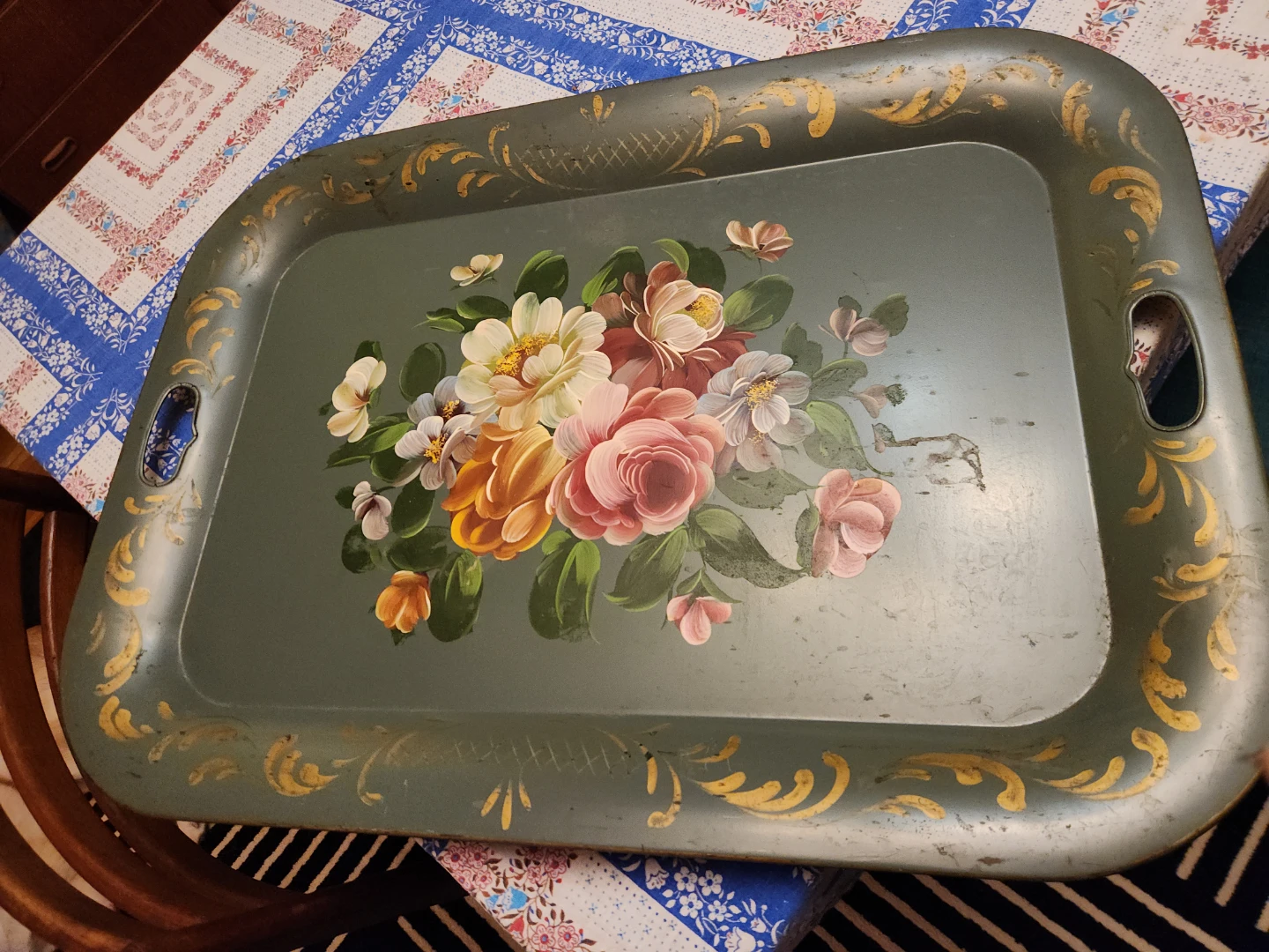 Vintage Painted Serving Tray with Floral Design