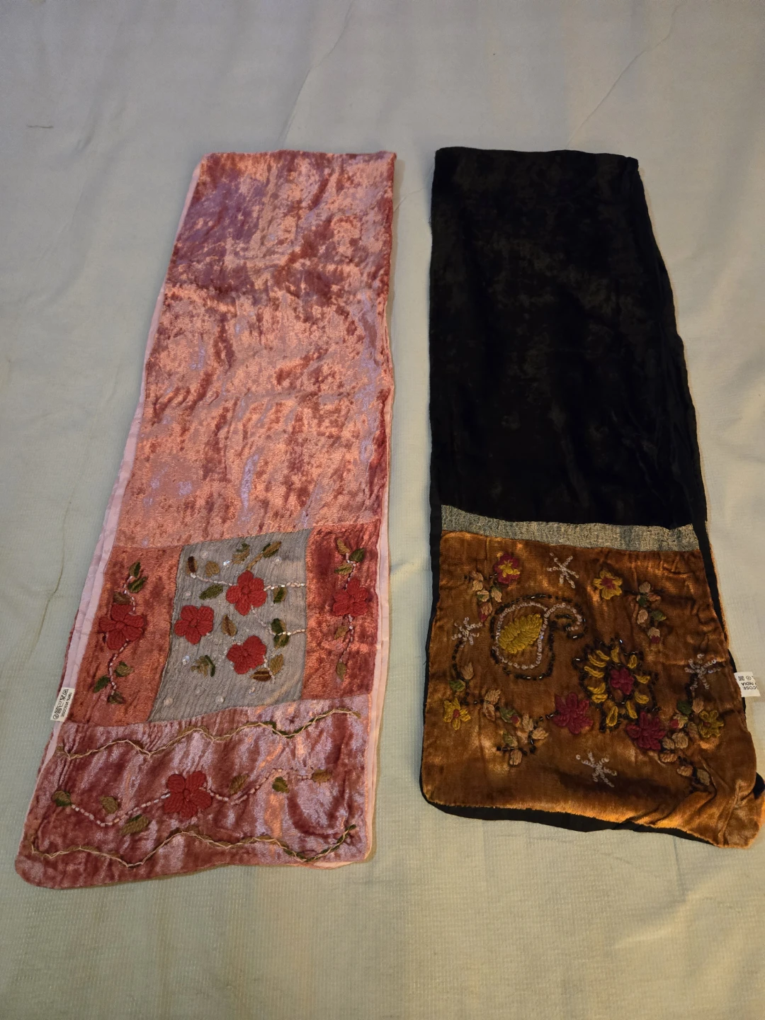Embroidered Velvet Scarves - Pink and Black/Gold