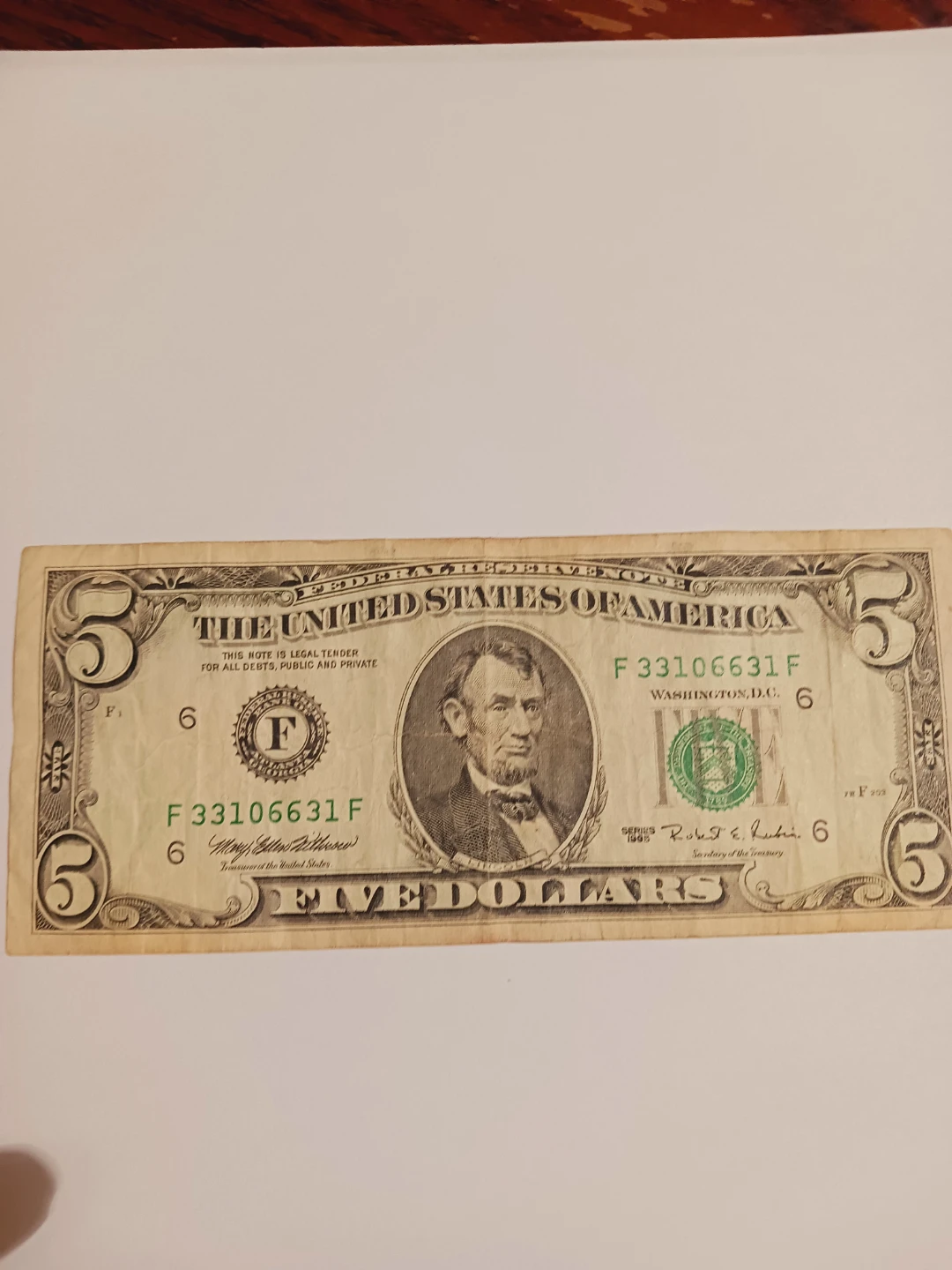 1995. United States Five Dollar Banknote Series F.