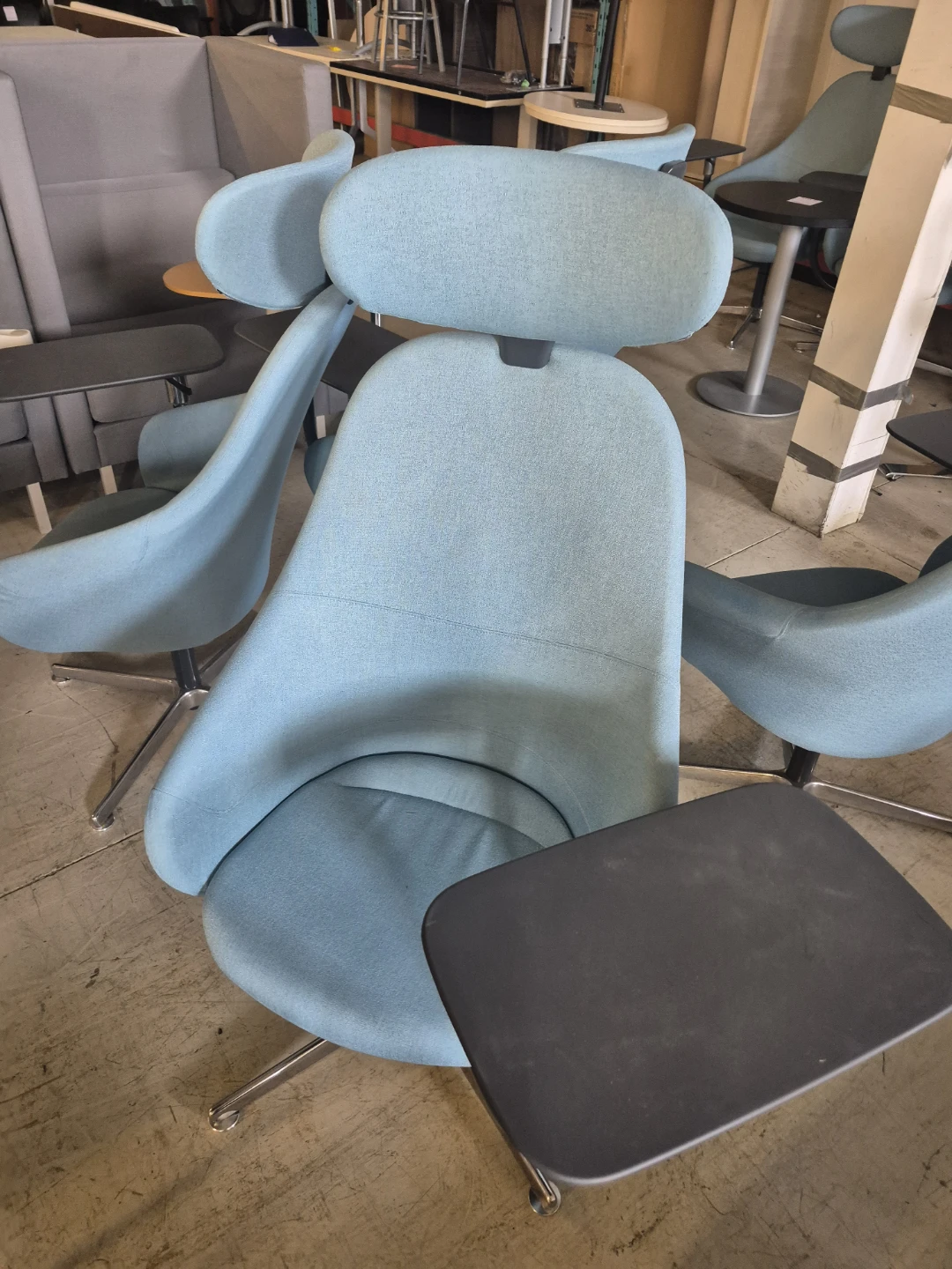 Light Blue Office Chair with Tablet Arm