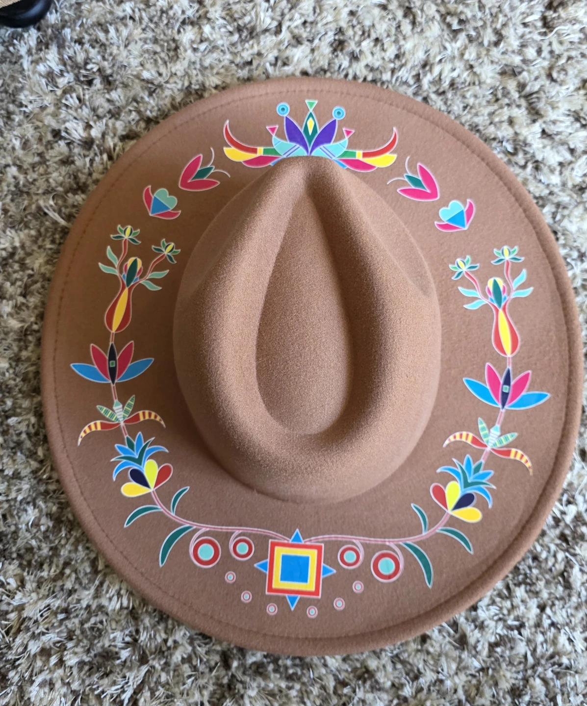 STAMPEDE**49DZINE camel Brown Wide Brim Hat with Floral Design