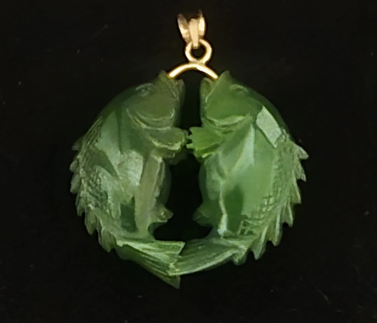Vintage 18k Gold & Hand Carved Jade Double Koi Pendant
