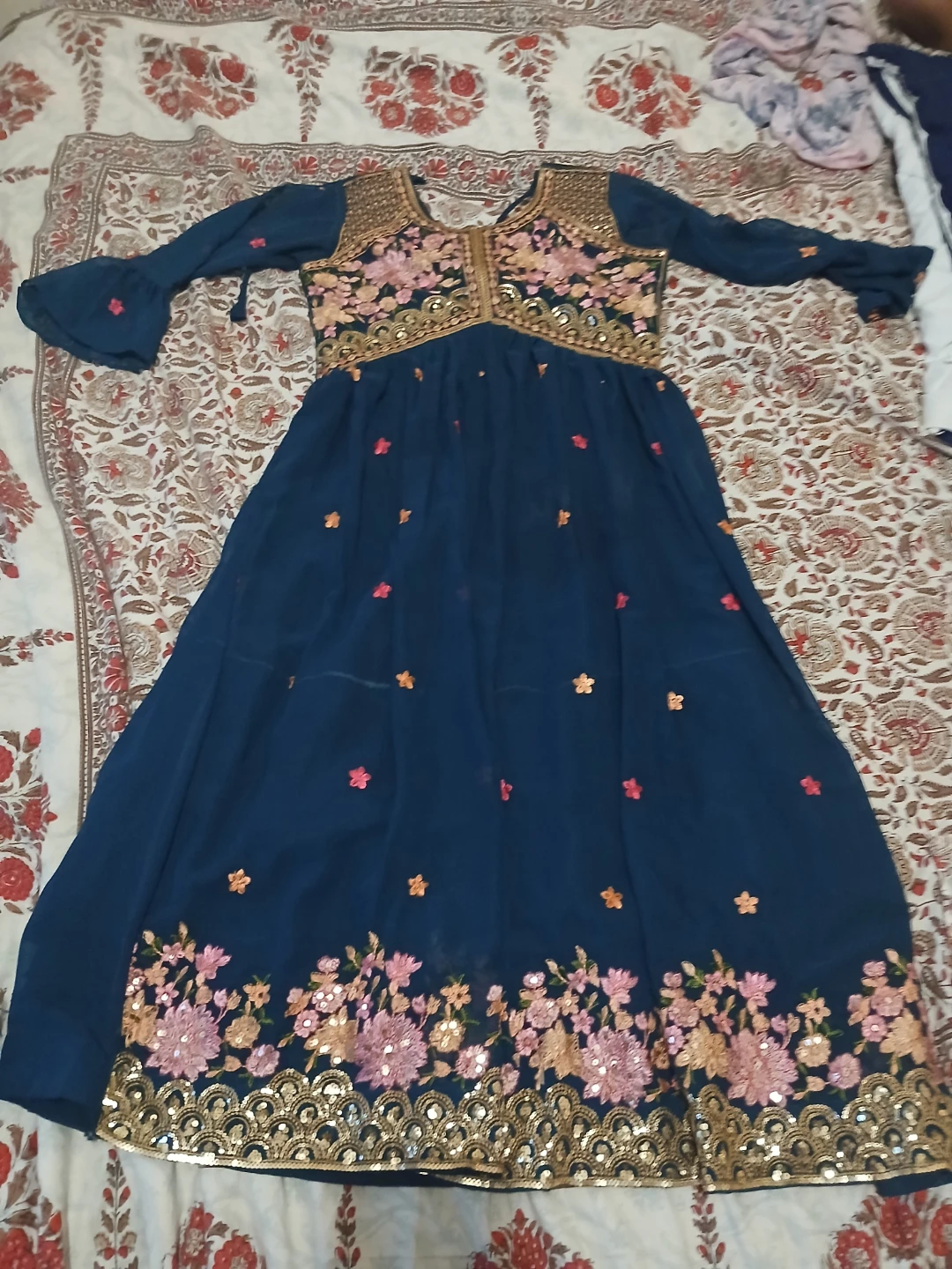 Blue Embroidered Dress with Pants