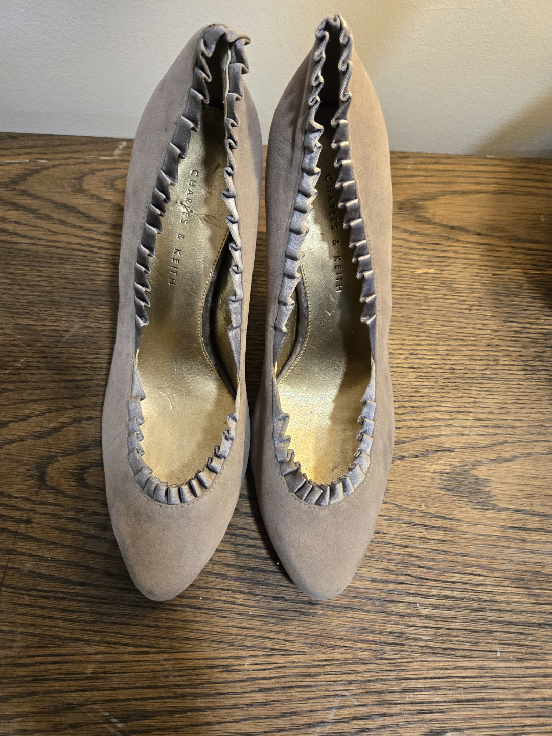 Charles & Keith Taupe Suede Ruffle Pumps