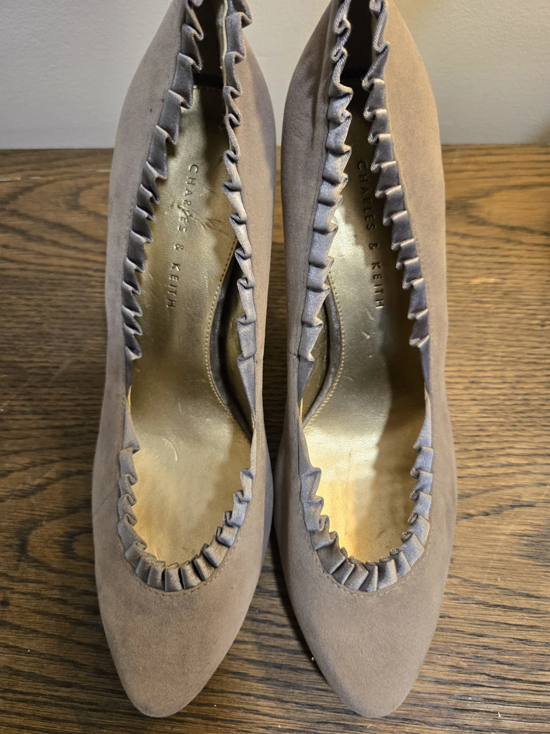 Charles & Keith Taupe Suede Ruffle Pumps - photo 2