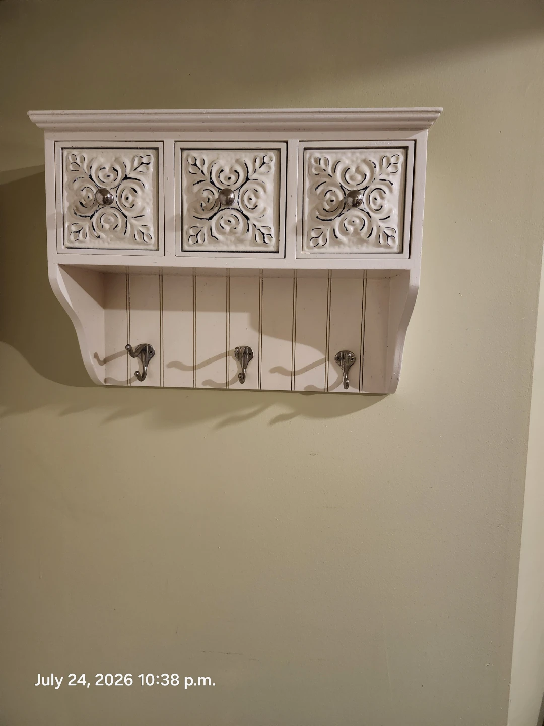 White Wall Shelf with 3 Drawers and Hooks