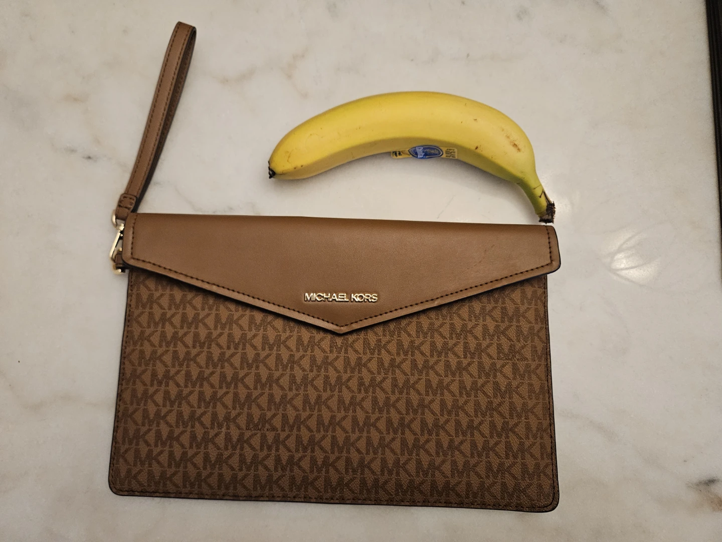 Michael Kors Brown Monogram Clutch with Wrist Strap