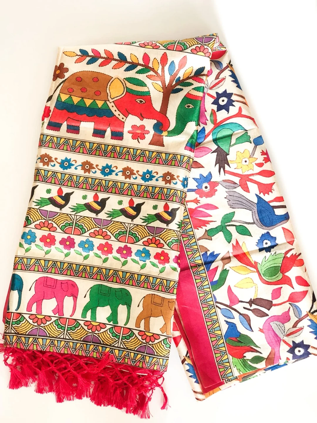 Hand-Painted Silk Scarf/dupatta with Elephant and Bird Motifs