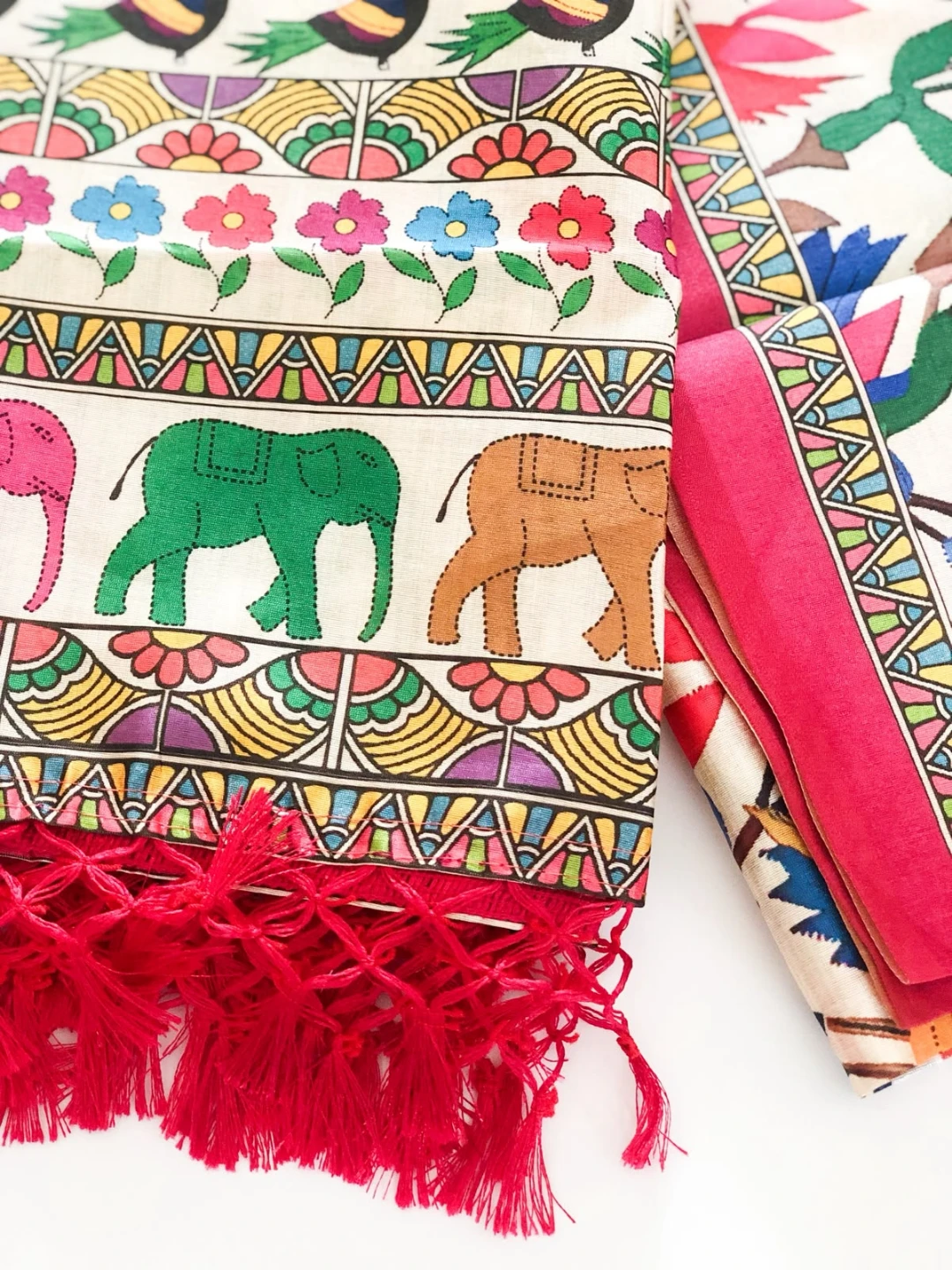 Hand-Painted Silk Scarf/dupatta with Elephant and Bird Motifs - photo 2