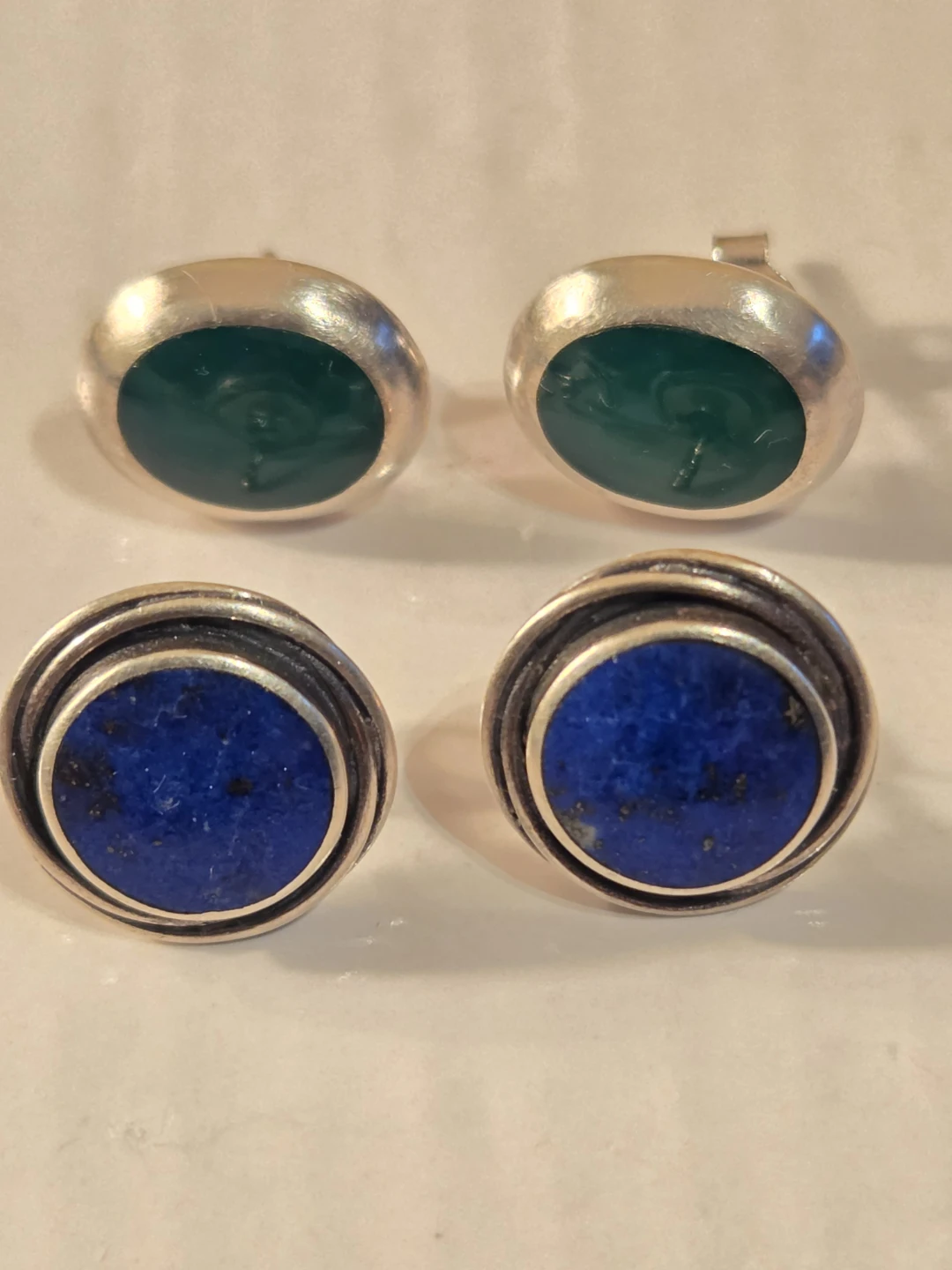 Silver  925 Stud Earrings with Green Onyx and Lapis Lazuli