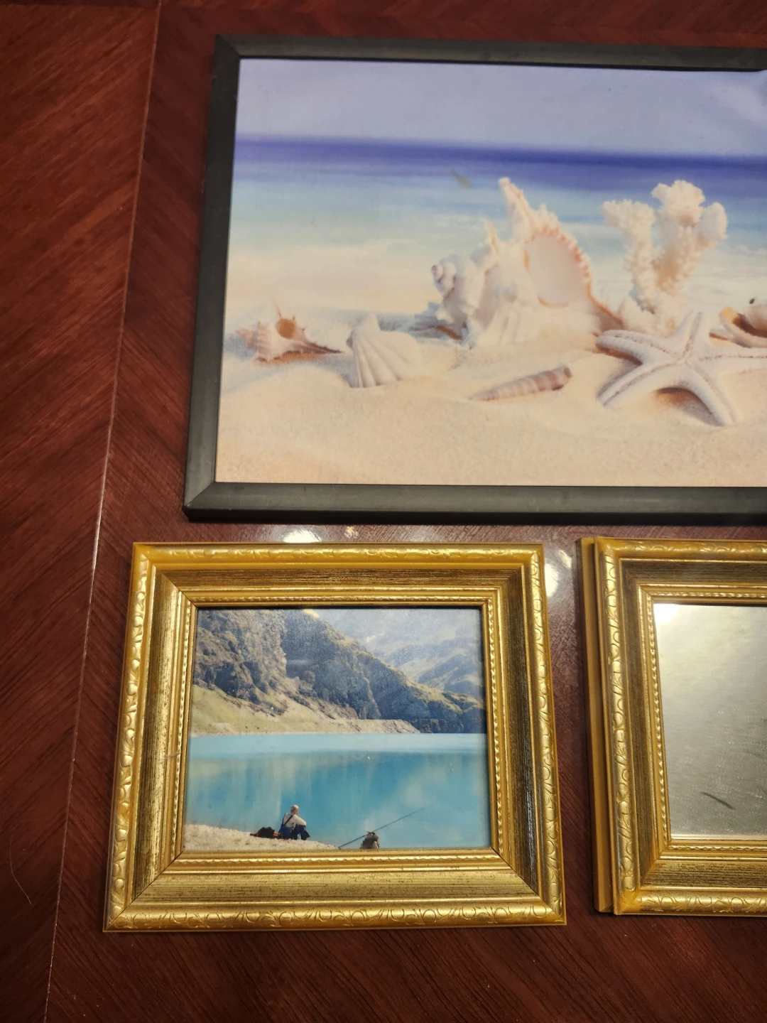 Set of 3 Framed Pictures - Beach Scene, Mountain Lake & Mirror