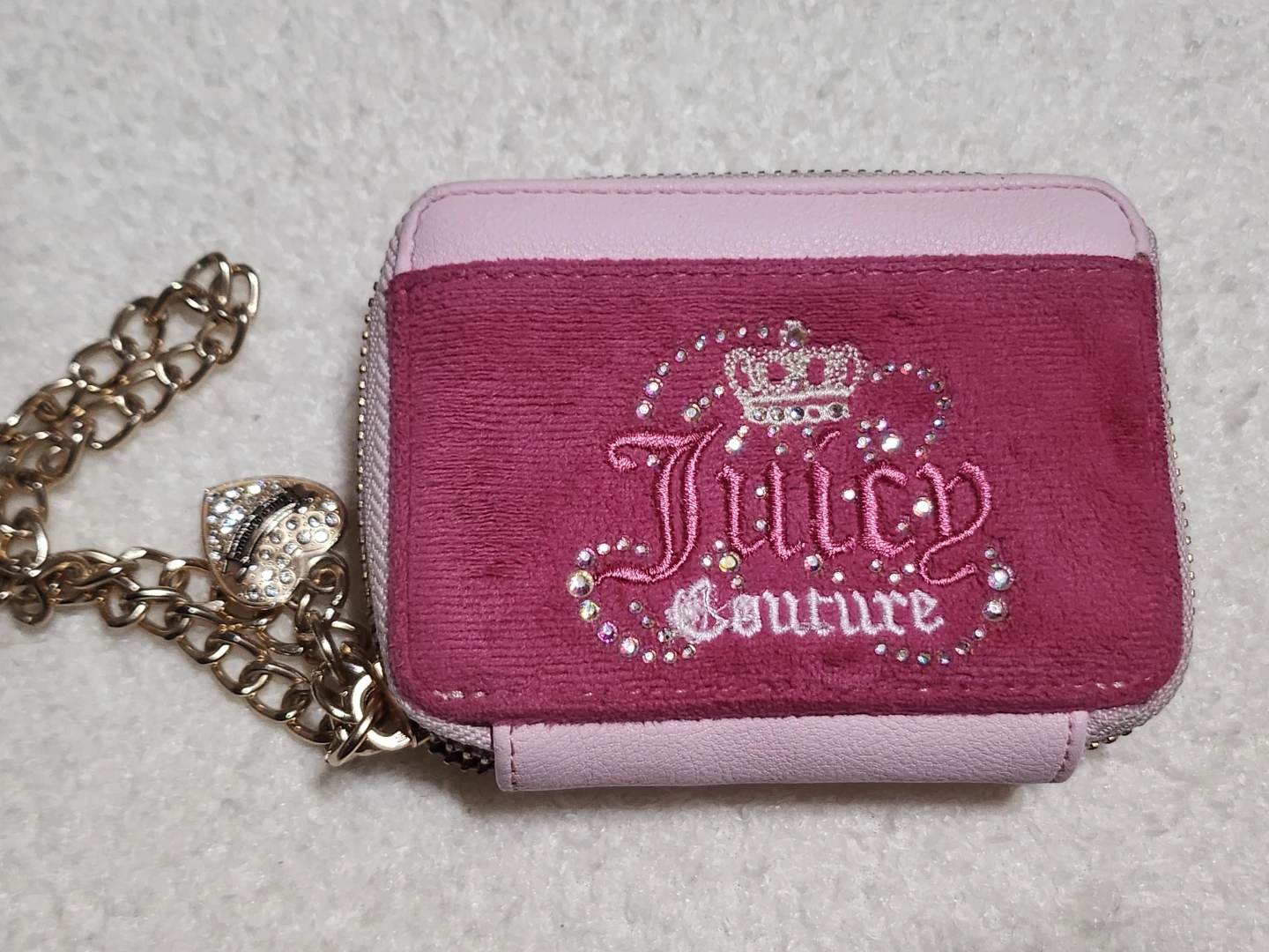 Juicy Couture Pink Velour Zip Around Wallet with Chain