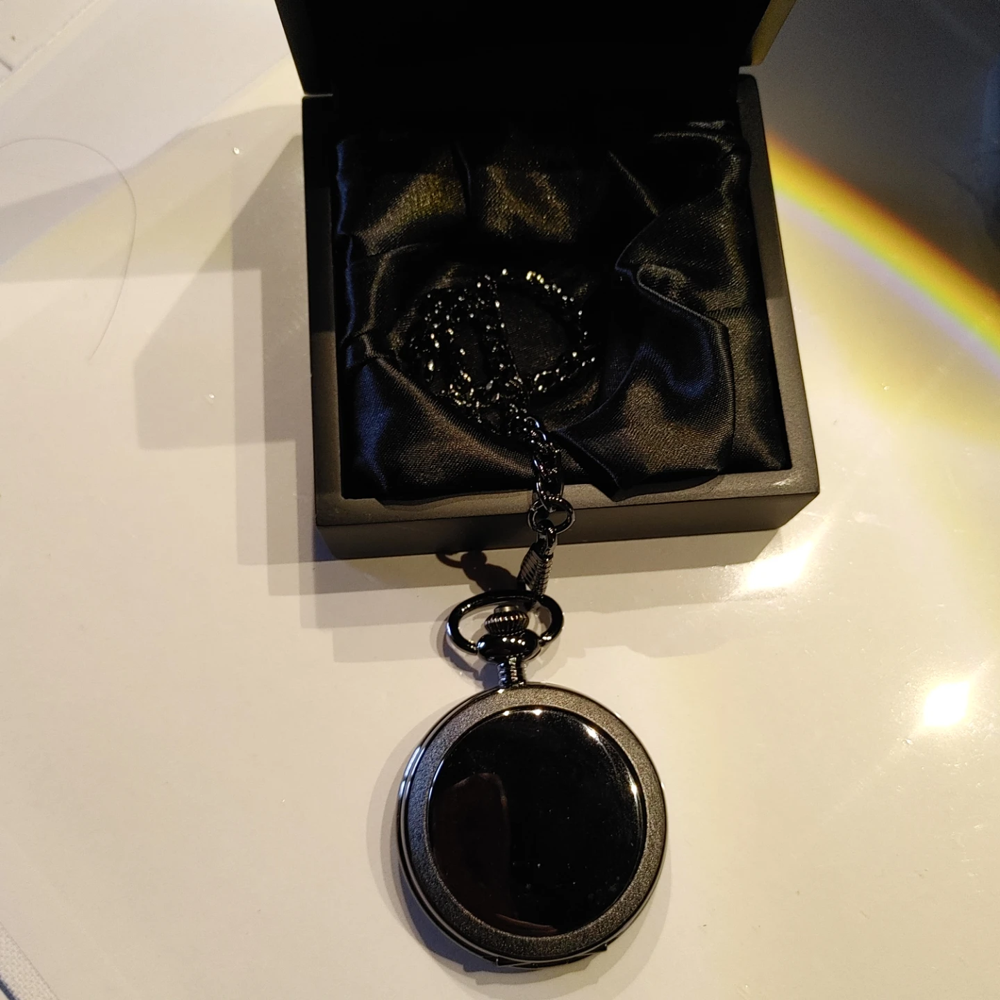 Black Pocket Watch with Chain and Gift Box