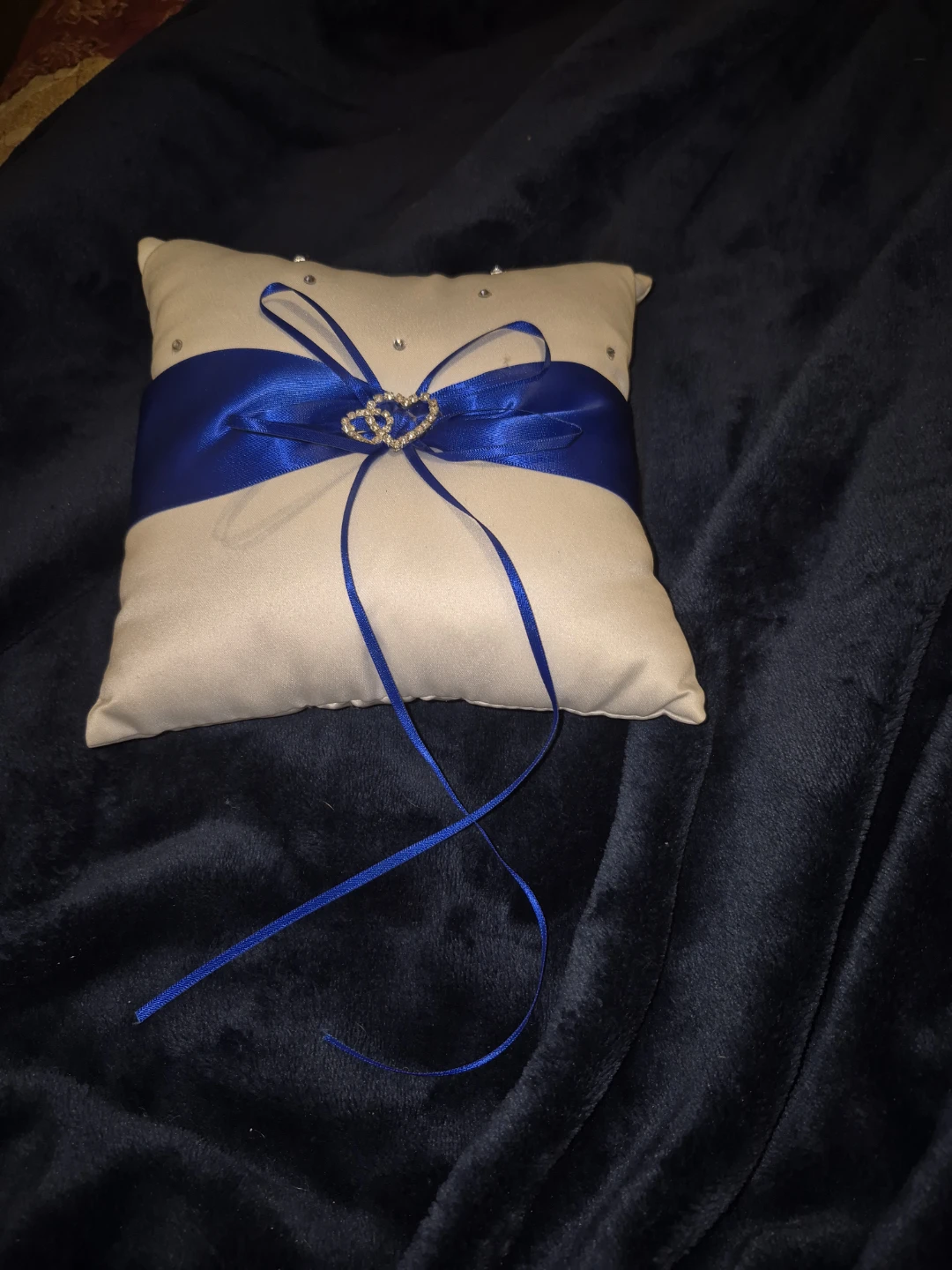White Ring Bearer Pillow with Blue Ribbon
