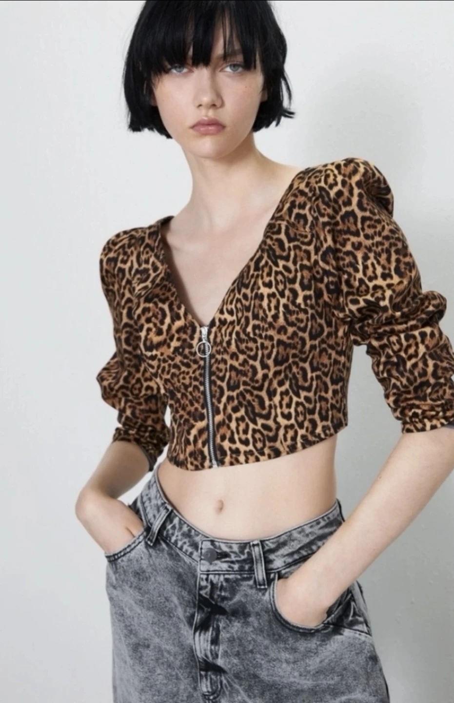 Zara Leopard Print Zip Cropped Top
