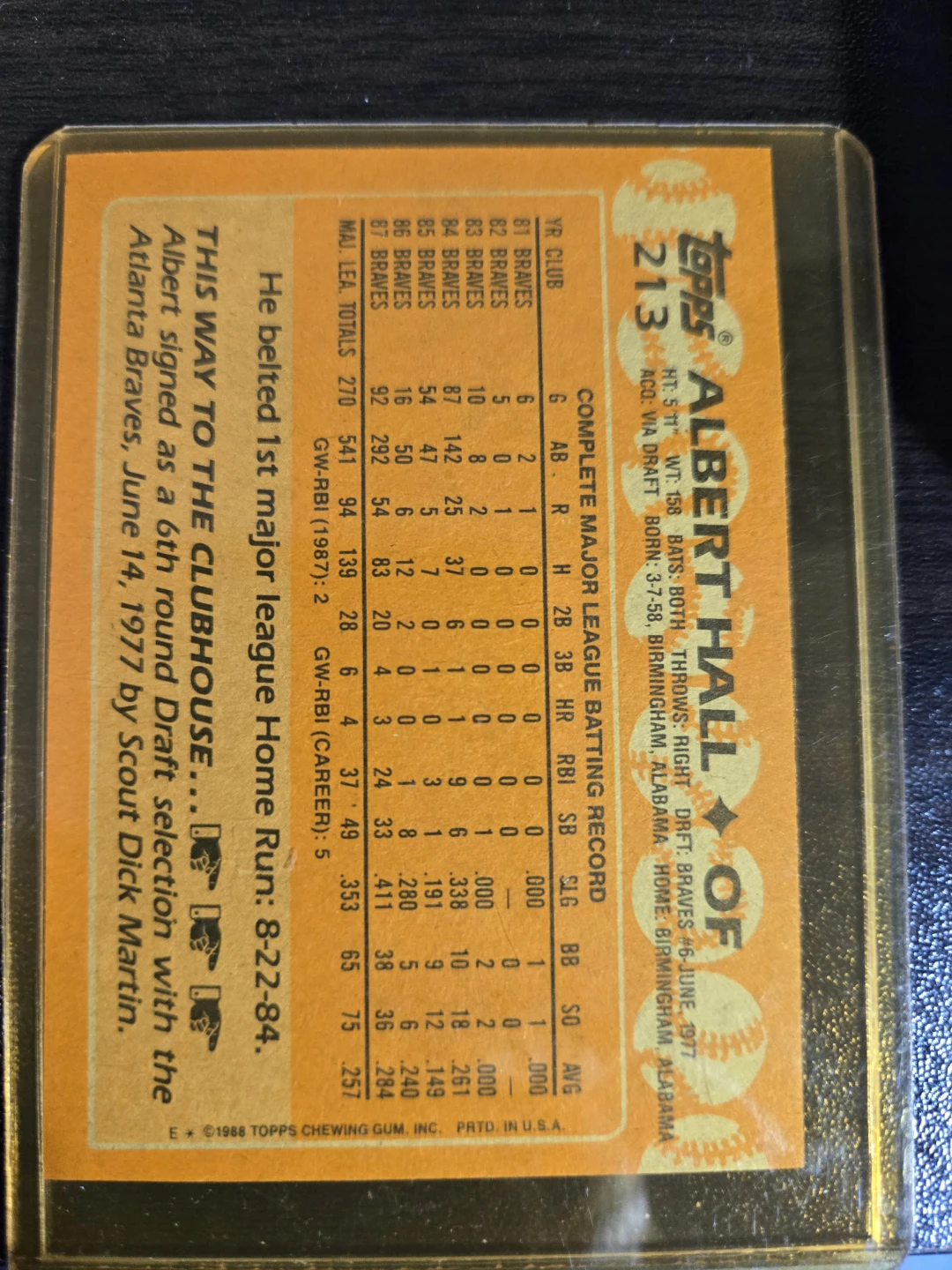 1988 Topps Albert Hall Baseball Card - photo 2
