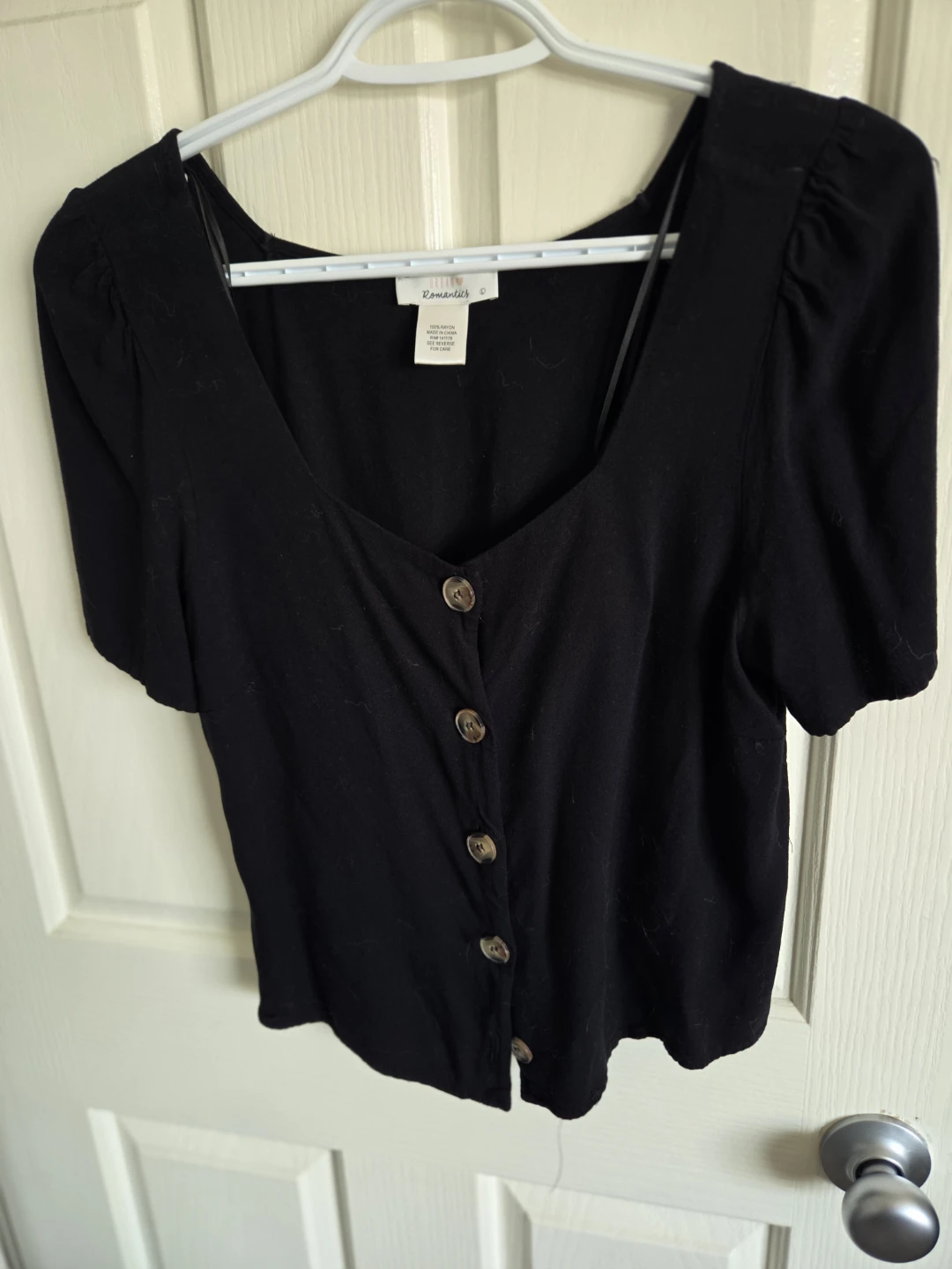 Black Square Neck Button-Up Top