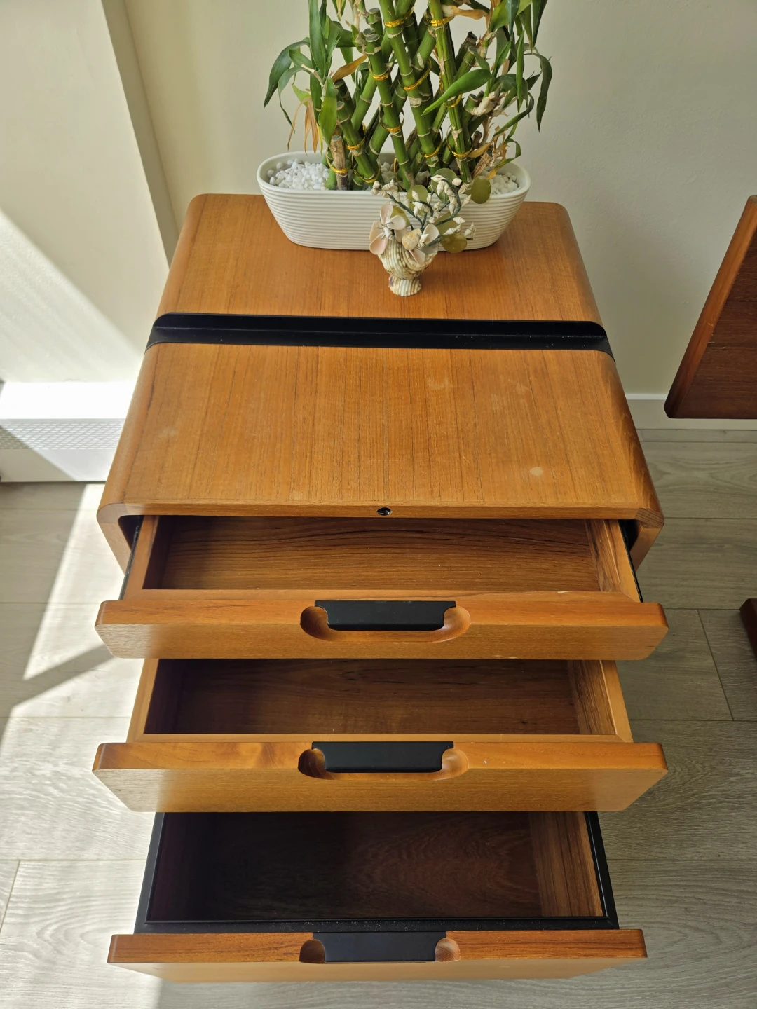 MCM Teak End Table With 3 Drawers On Caster Wheels - photo 3