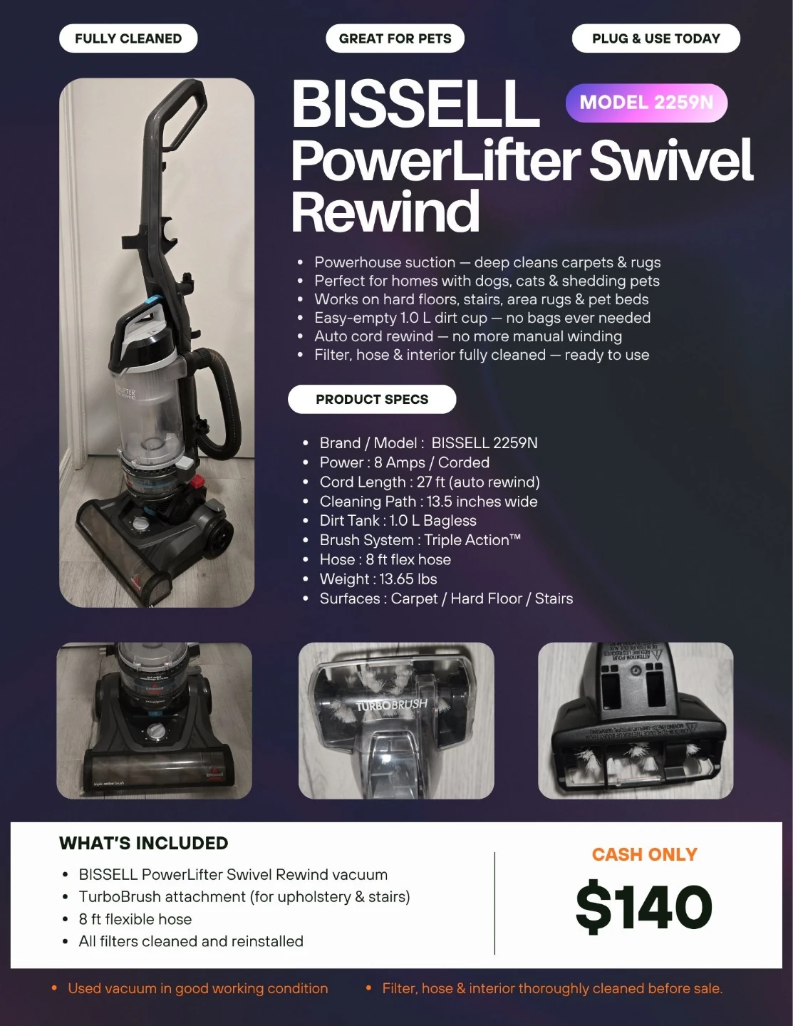 BISSELL PowerLifter Swivel Rewind Vacuum (Model 2259N)