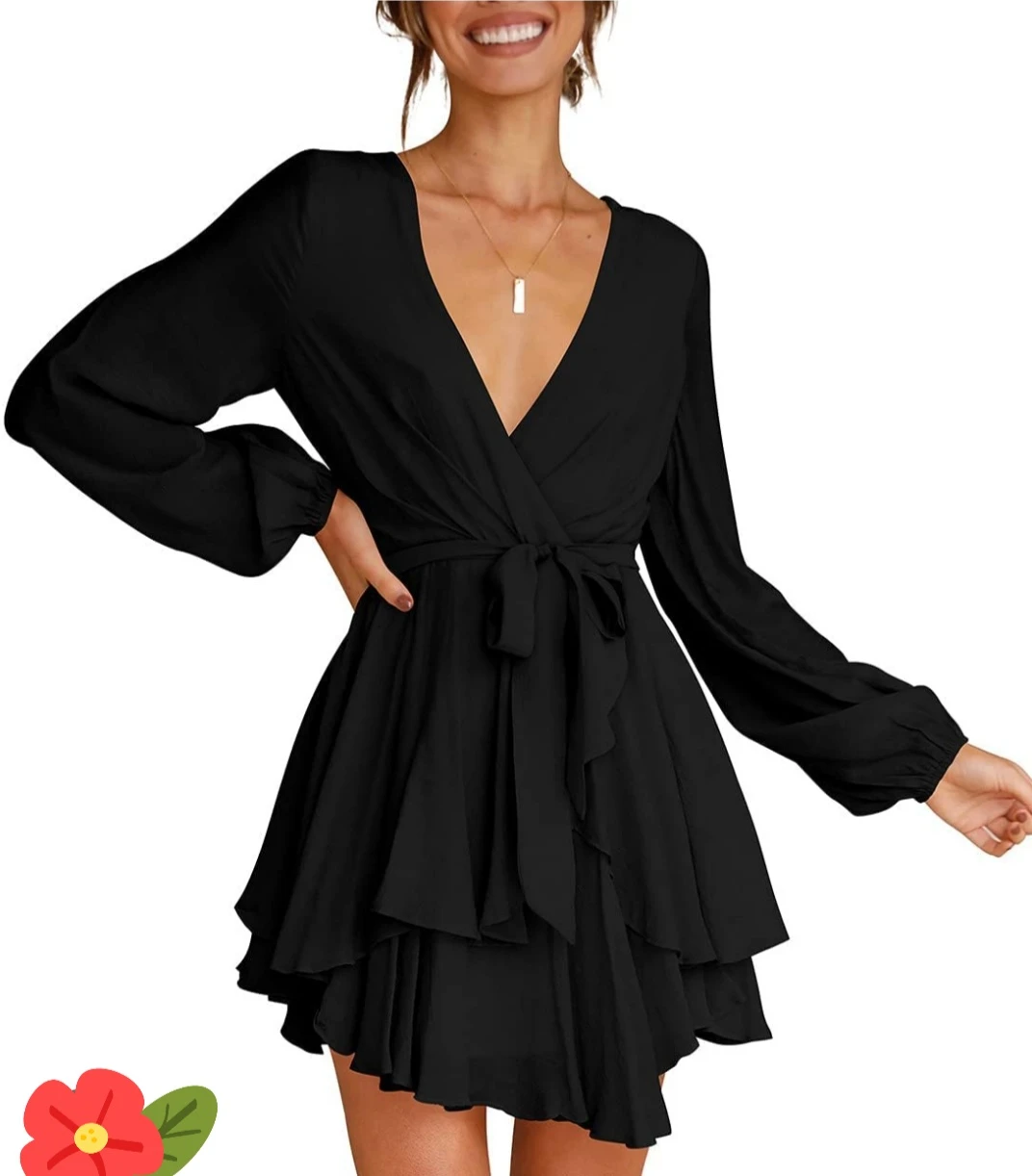 Black Long Sleeve Ruffle Mini Dress