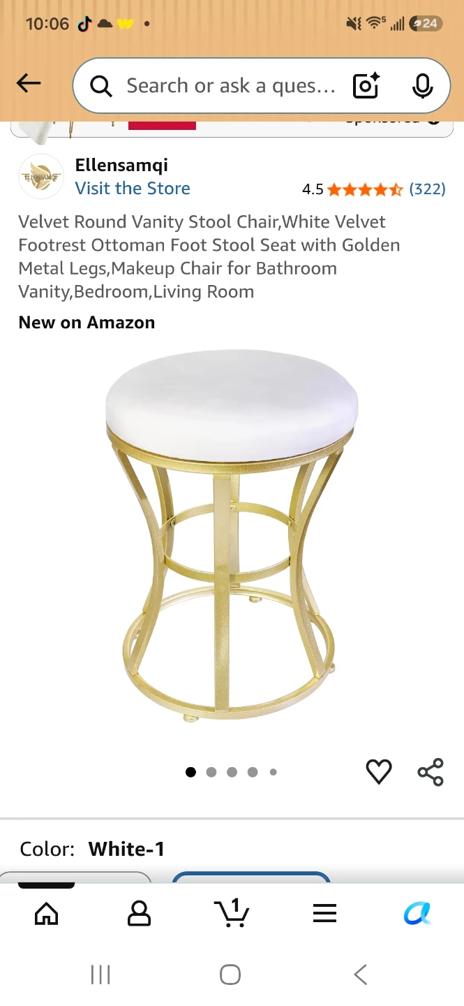 White Velvet Vanity Stool Chair with Golden Metal Legs