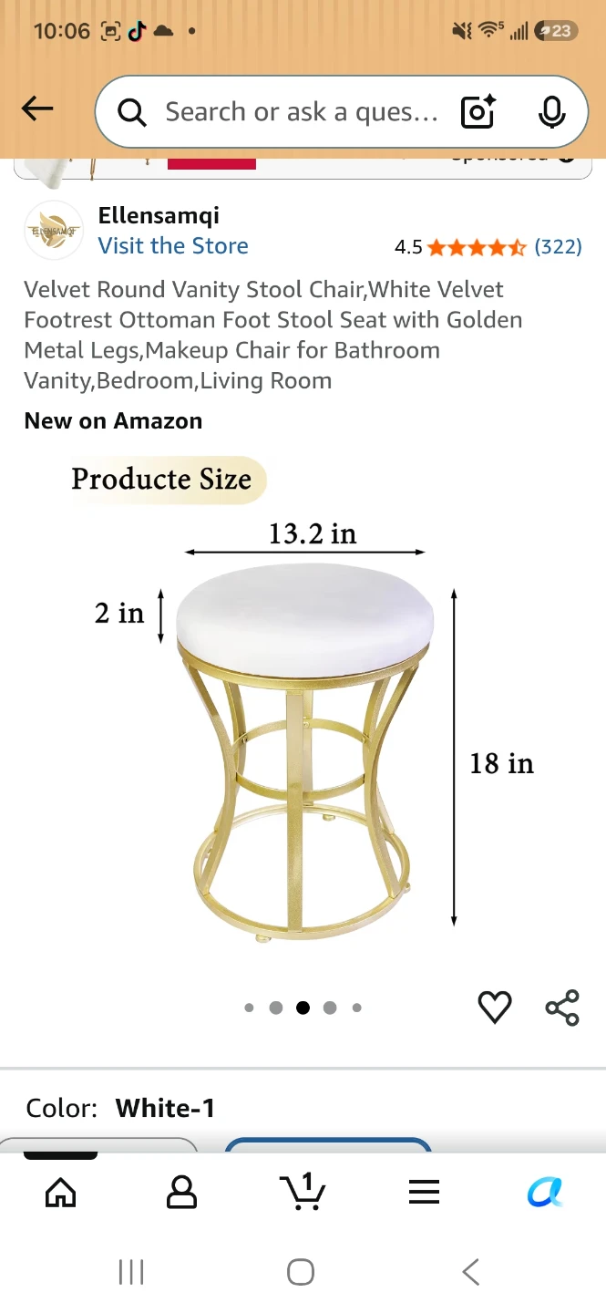 White Velvet Vanity Stool Chair with Golden Metal Legs - photo 2