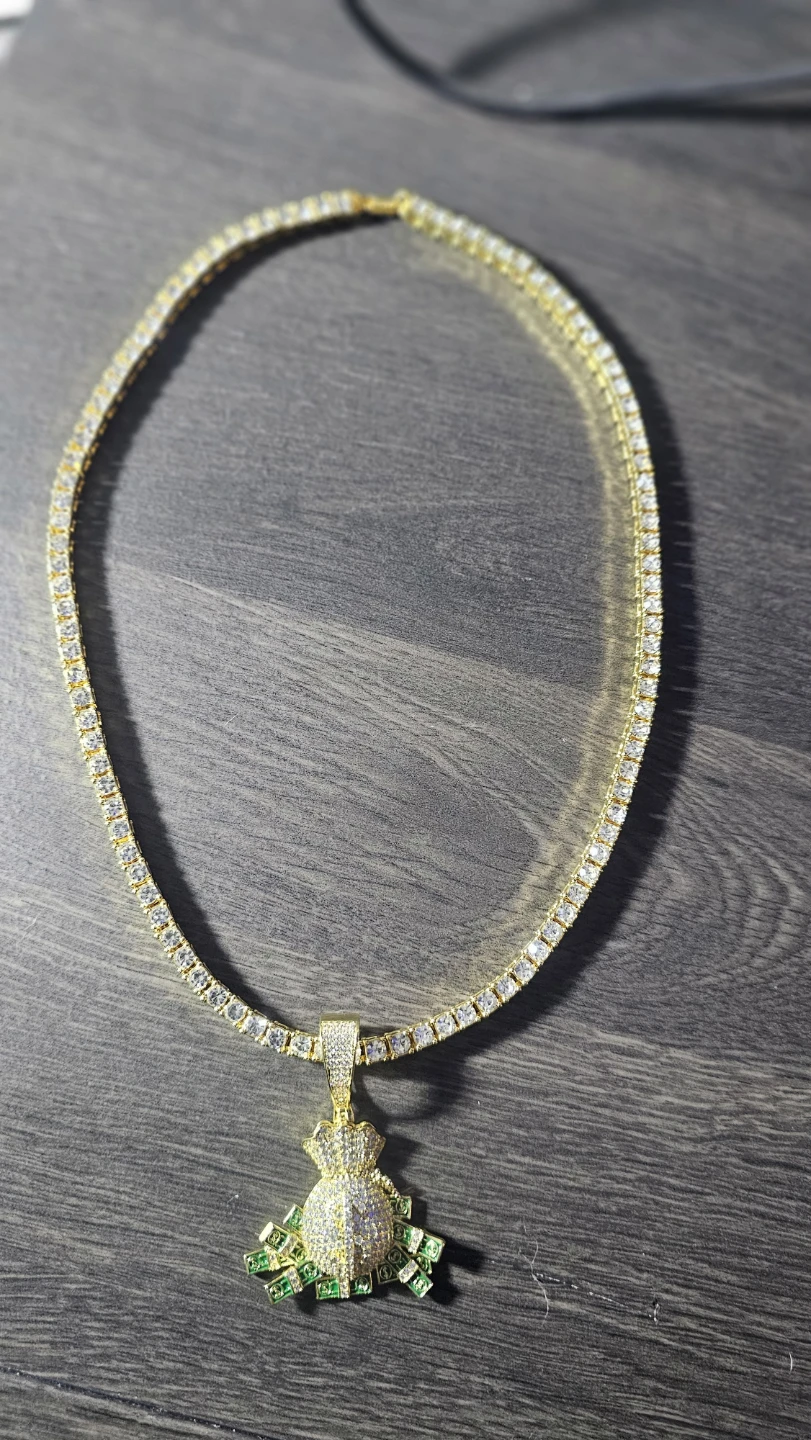 Gold Money Bag Pendant Tennis Chain Necklace