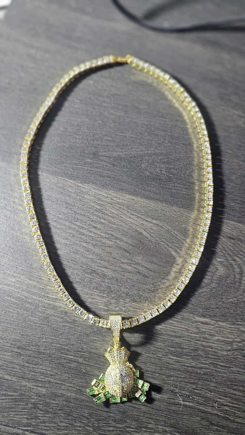 Gold Money Bag Pendant Tennis Chain Necklace - photo 2