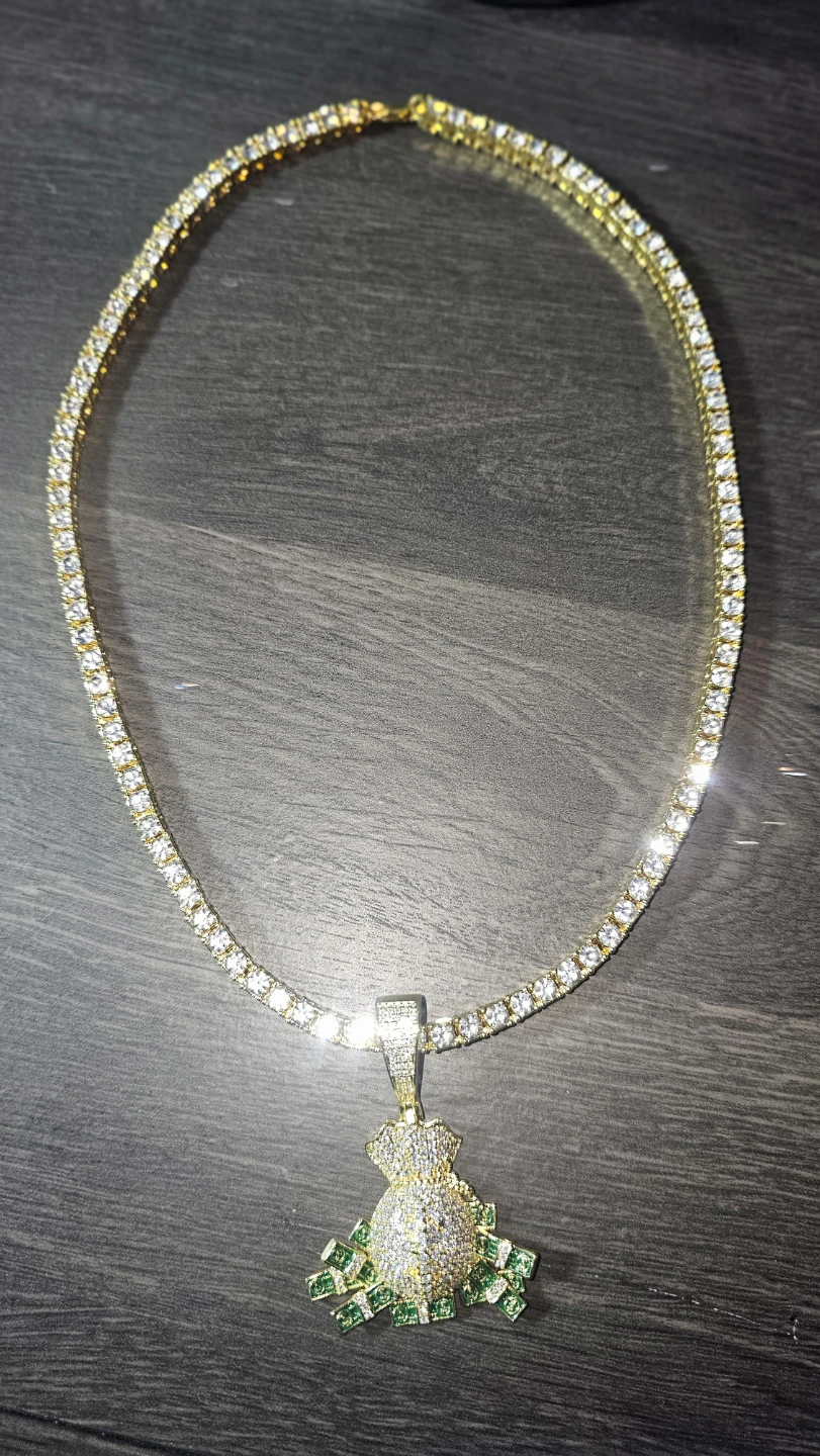 Gold Money Bag Pendant Tennis Chain Necklace - photo 4