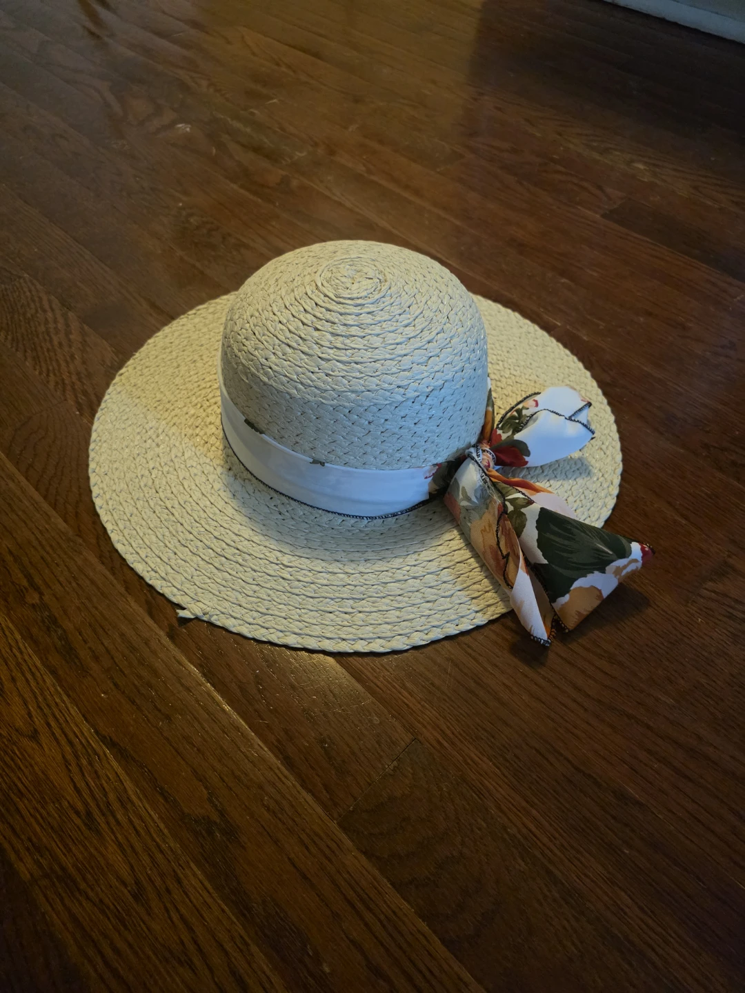 Woven Sun Hat with Floral Scarf Detail